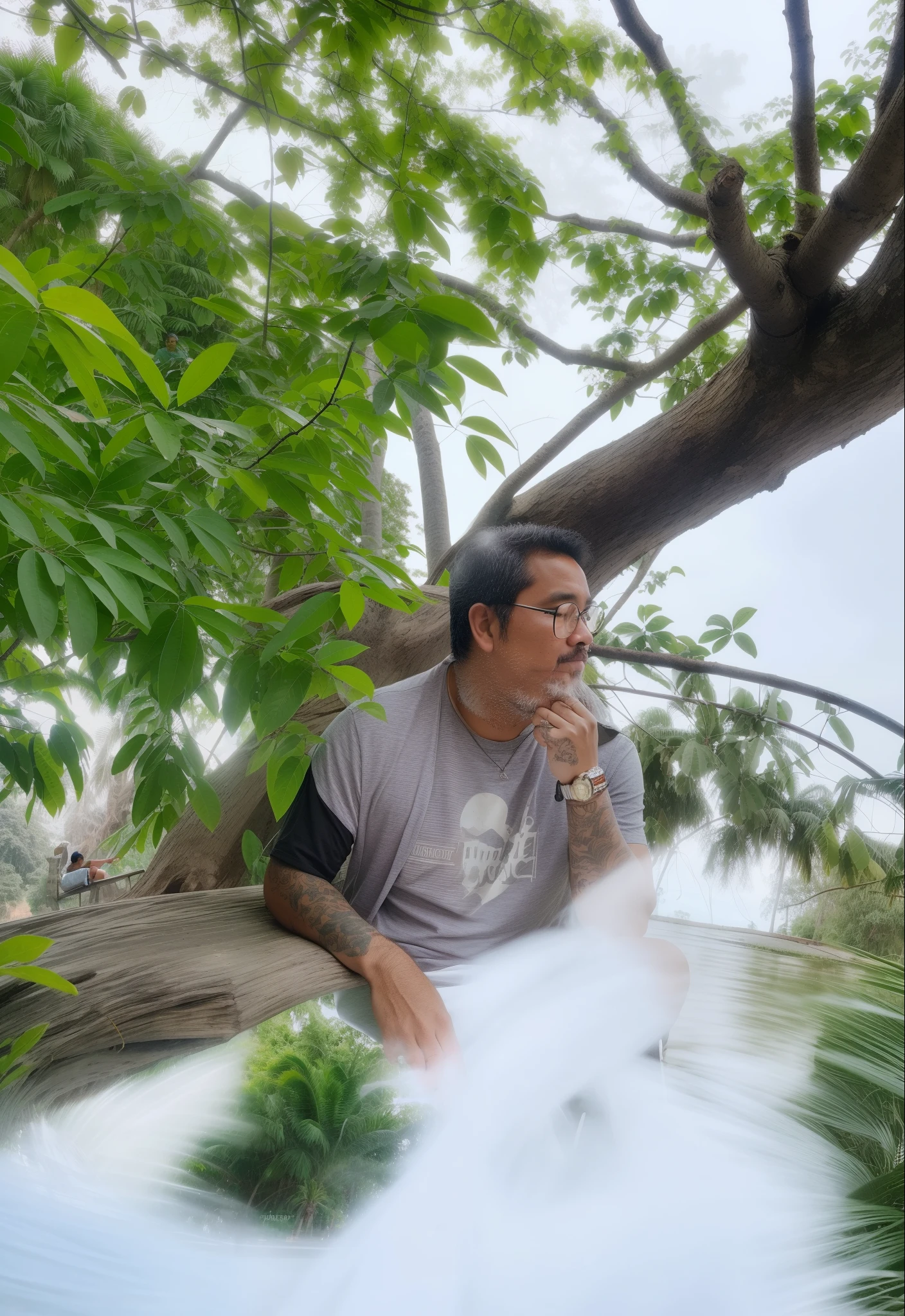 there is a man sitting on a circular bench in the middle of a park, chill time. good view, inspired by Rudy Siswanto, inspired by Abidin Dino, with a cool pose, paradise in the background, mid shot portrait, inspired by Bohumil Kubista, 🤬 🤮 💕 🎀, john jude palencar