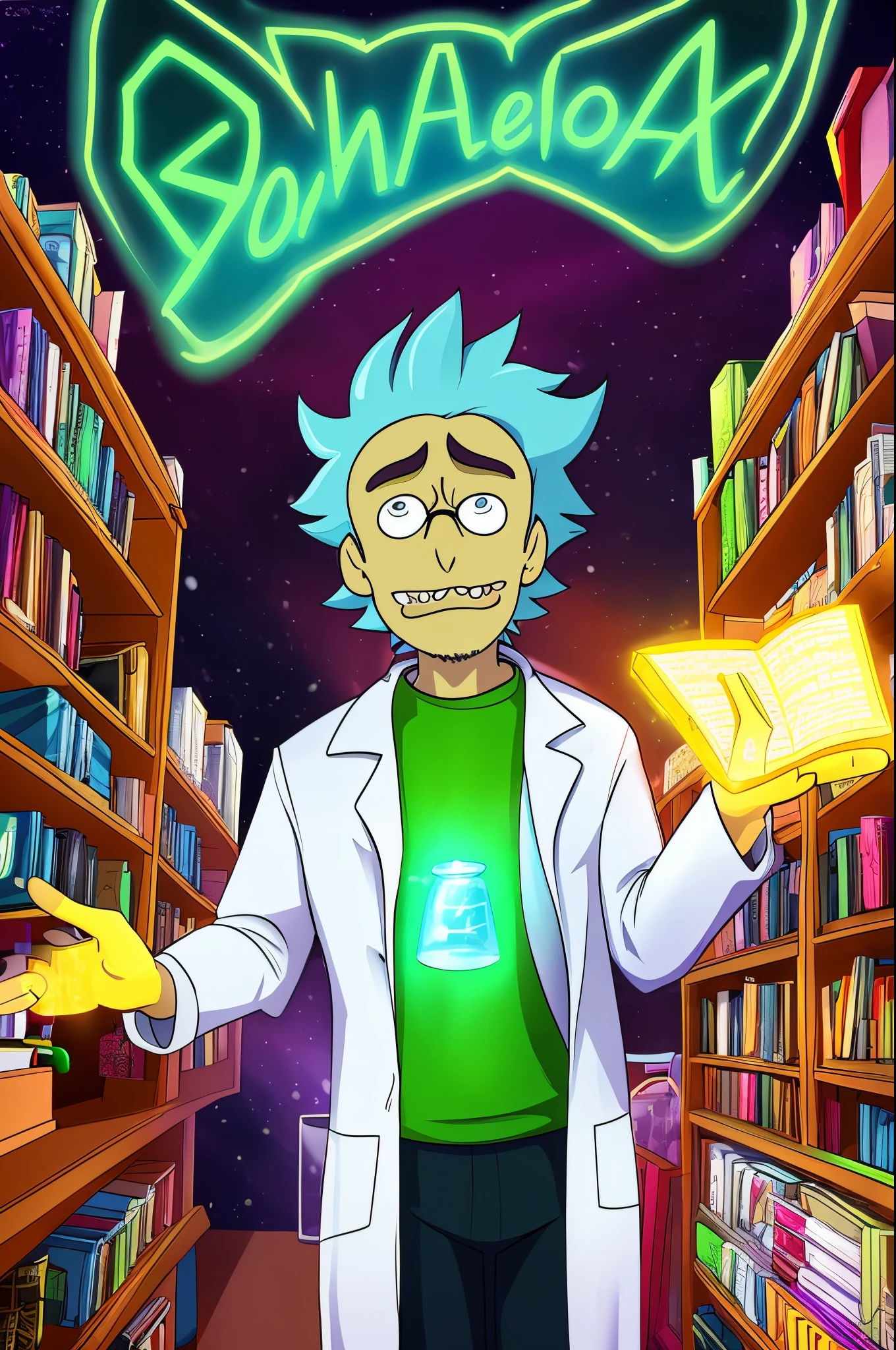 (best quality,highres:1.2),ultra-detailed,portrait,Rick and Morty character,Hugh Laurie as Rick Sanchez,blue spiked hair,hair sticking out in different directions,beard stubble,scientist lab coat,genius expression,glasses shining,intelligent eyes,mischievous smile,raised eyebrow,dark background,colorful portal,glowing green flask,books and scientific equipment,interdimensional adventure,quirky and eccentric personality,chaotic energy,sci-fi elements,animated style,vibrant colors,dynamic lighting.