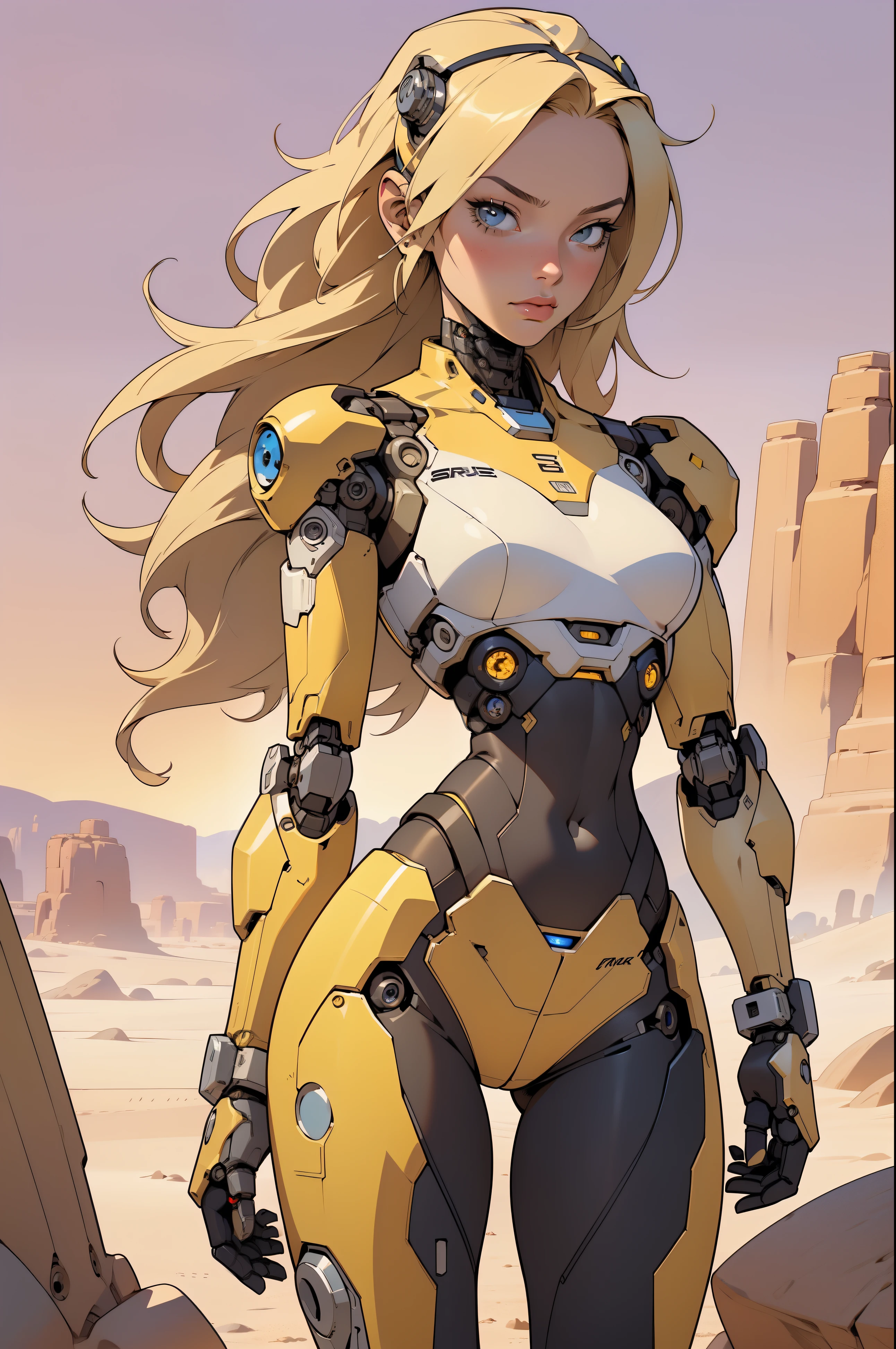 high quality, 4k, masterpiece, beautiful, cyborg girl, cowboy shot, dull eyes, back side, turning around to look at viewer, long blonde hair, girl, small breasts, fit thigh, robotic arms, robotic body, cyborg body, yellow accent, red accent, intricate detail, joint, detailed lines, robotic detail, 1fist on hip, color robotic parts, robotic parts with color, perfect fingers, on a desert planet, sunny background, colorful desert,