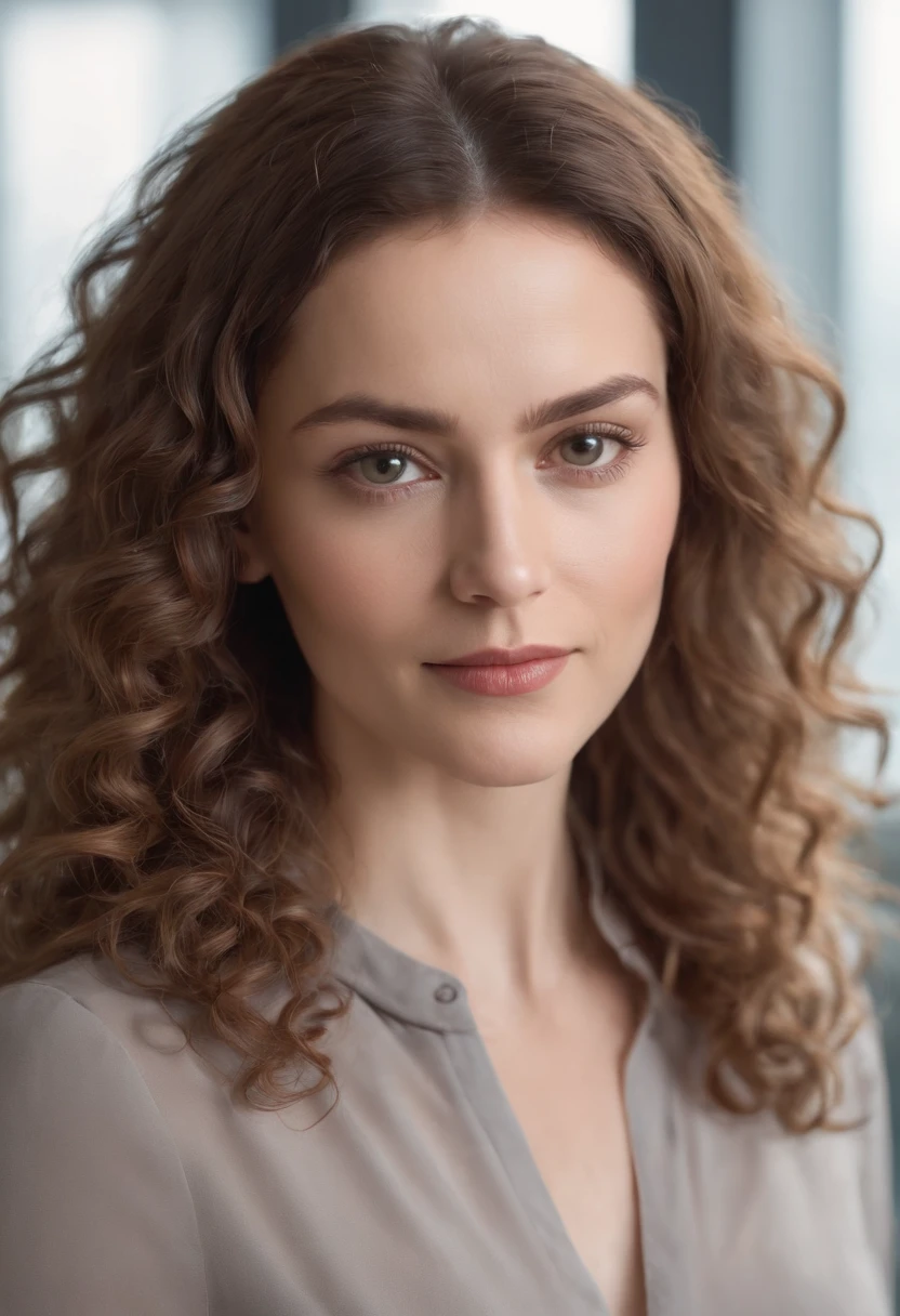 (full body), (standing), a 40 year old woman looking into the camera, extra long curly hair, detailed beautiful face, action shot, empty office background, daytime, photo realistic, CG, art station, masterpiece, HD photography