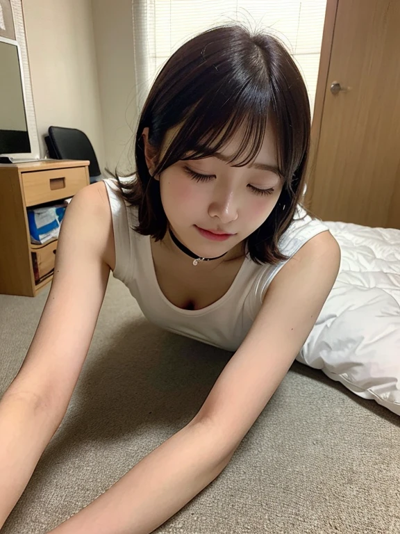 (eye closed:1.2), embarrassed from, a bed, 奈良美智, Good young girl, ???? Girl, Lovely woman, Beautiful Asian Girl, Wear a choker around your neck,curlyhair,bangss, (Angle ???????????:1.2), (Lie face down:1.2), (student clothes:1.2)