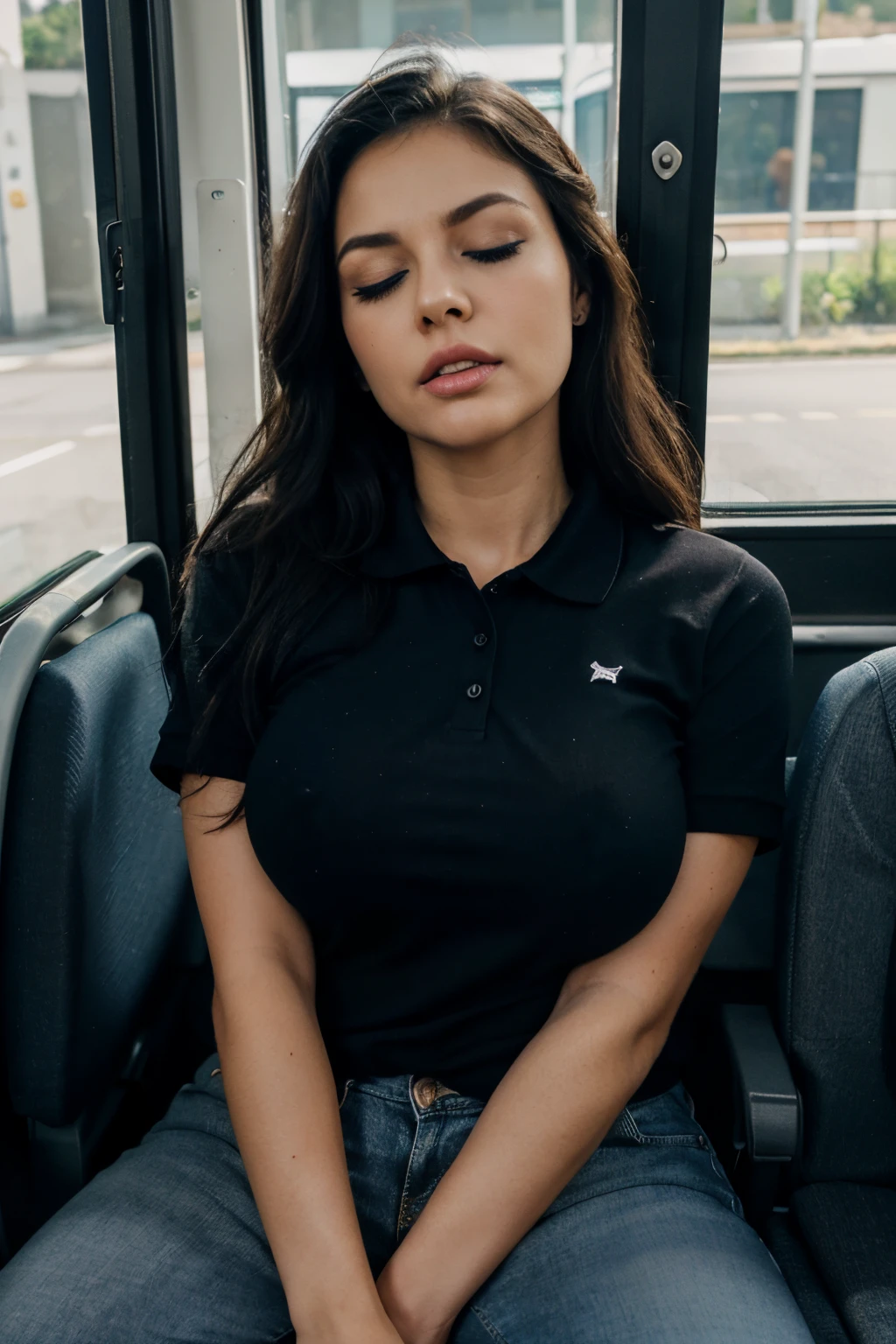 1 beautiful woman, 50 year old lady, sleeping with her mouth open, eyes closed, black hair, sleeping sitting on the bus, jeans, black polo shirt, big breasts, lined eyes, very intense makeup, drooling, snoring, passed out, black bag , head in the bus window, sitting by the window