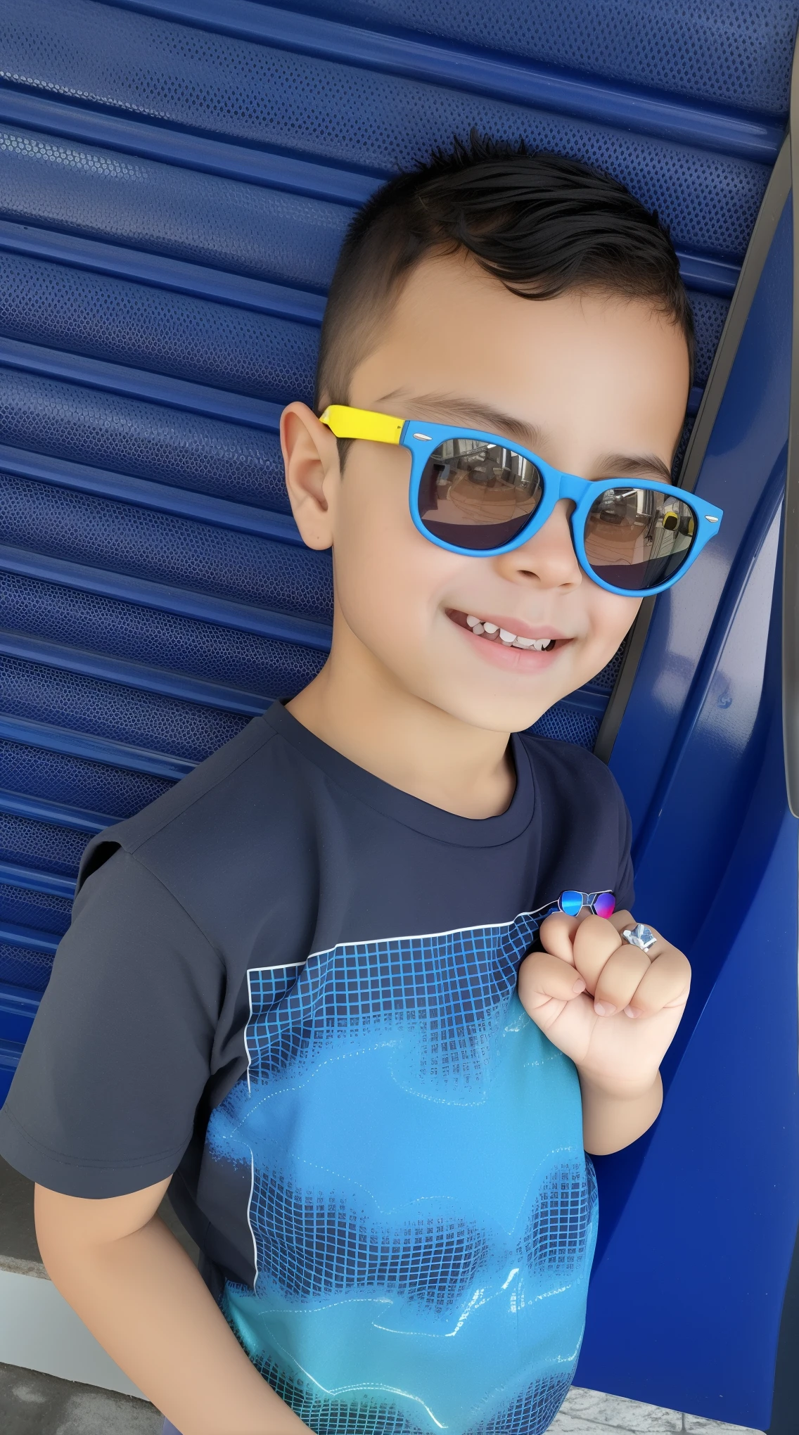 Arafed boy wearing sunglasses and a blue shirt holding a pink donut, wearing blue sunglasses, blue sunglasses, cabrito, with sunglasses, wearing cool sunglasses, with sun glasses, vacation photo, meu filho! the jaws that bite, em roupas azuis e amarelas, garoto feliz, 4 anos de idade, wearing shades, azul e amarelo, imagem do avatar, vestindo uma baga azul