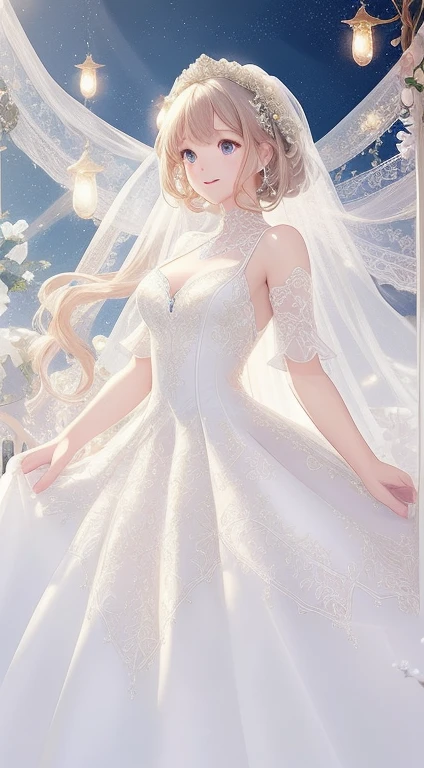 (top-quality、hight resolution、masterpiece)、There is a wedding dress with lights on the mannequin stand、A dream world where a beautiful woman wears that dress、((Fantastical))、 translucent dress, white royal dress, Elegant white dress, fantasy dress, Elegant dress, magical dress, romantic dress, fantasy dress with intricate decoration, gorgeous embroidered white dress, Wearing a beautiful white, lady dress with glowing flowers, ethereal and dreamy, dream style, White Dress, embroidery, Backlight、amazing splash、Luminous、
