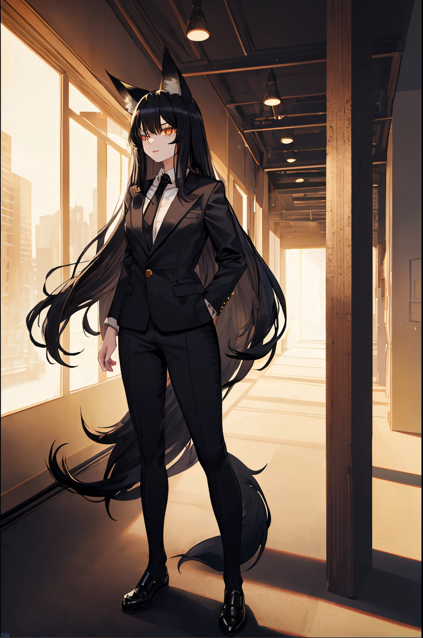 1woman, long black hair, gold eyes, fox tail, fox ears, suit, classroom, standing on ground, high res, ultra sharp, 8K, masterpiece