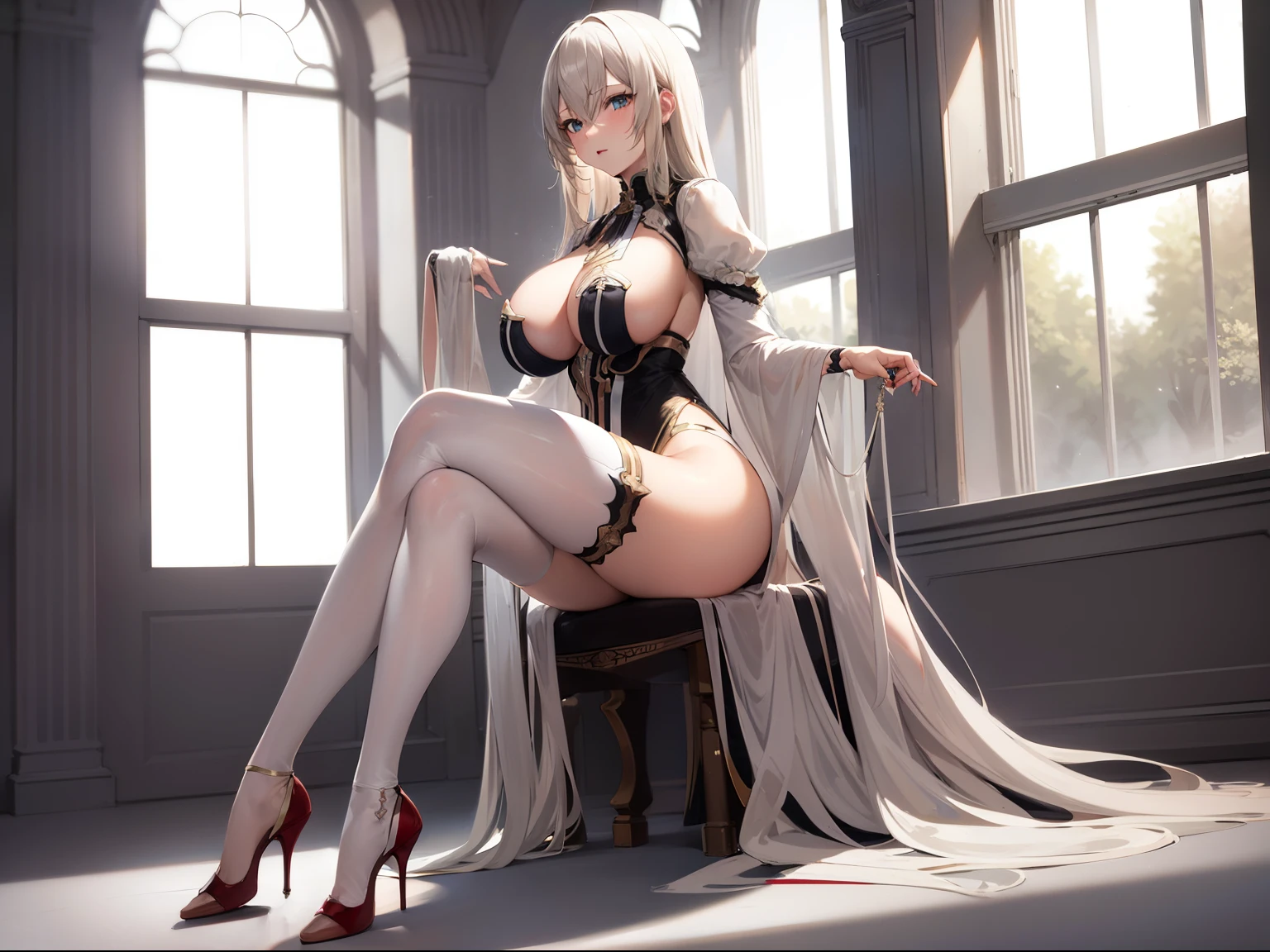tmasterpiece, Best quality, Long gray hair, Blonde hair, eBlue eyes, Large breasts, Indoors, window, Wide hips,vup vertical painting,Sit Pose,Bareleged,high-heels,Full body photo