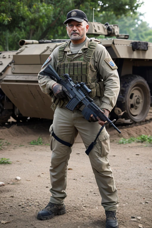 45-year-old male、Medium flesh and middle back、Ready for battle in a survival game with an M416 rifle。