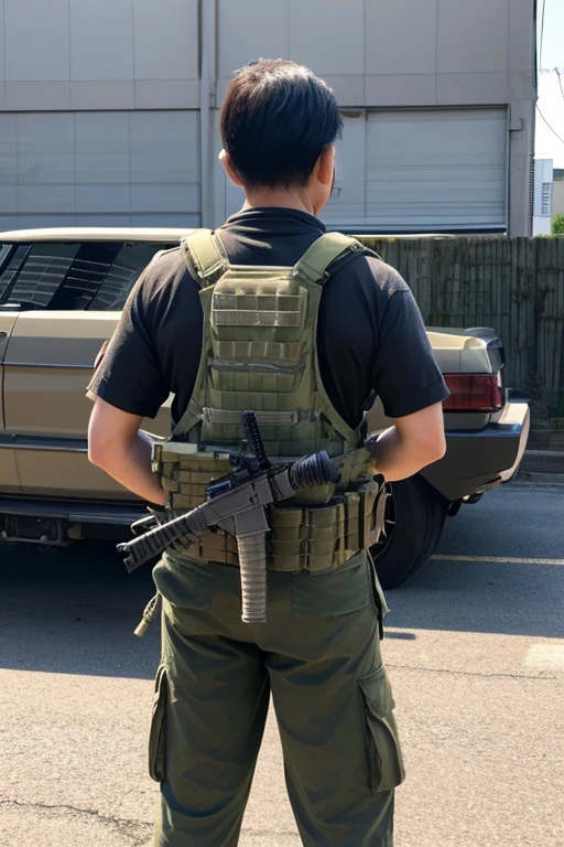 45-year-old male、Medium flesh and middle back、Ready for battle in a survival game with an M416 rifle。