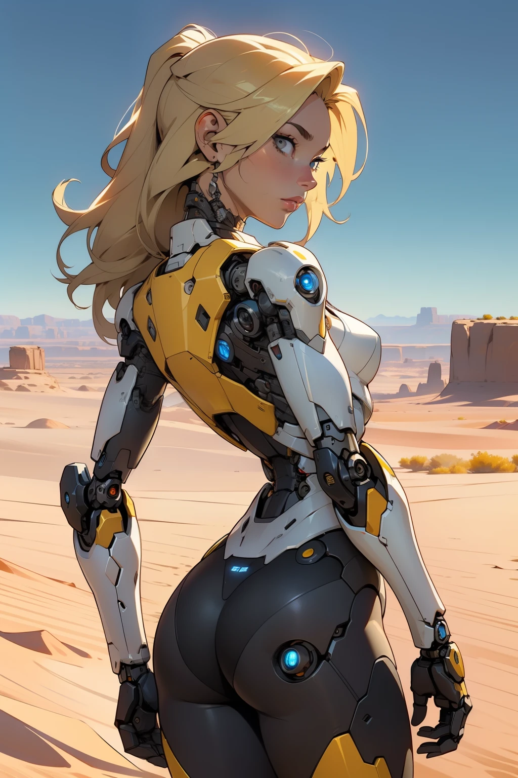 high quality, 4k, masterpiece, beautiful, cyborg girl, cowboy shot, dull eyes, back side, turning around to look at viewer, long blonde hair, girl, small breasts, fit thigh, robotic arms, robotic body, cyborg body, yellow accent, red accent, intricate detail, joint, detailed lines, robotic detail, 1fist on hip, color robotic parts, robotic parts with color, perfect fingers, on a desert planet, sunny background, colorful desert,