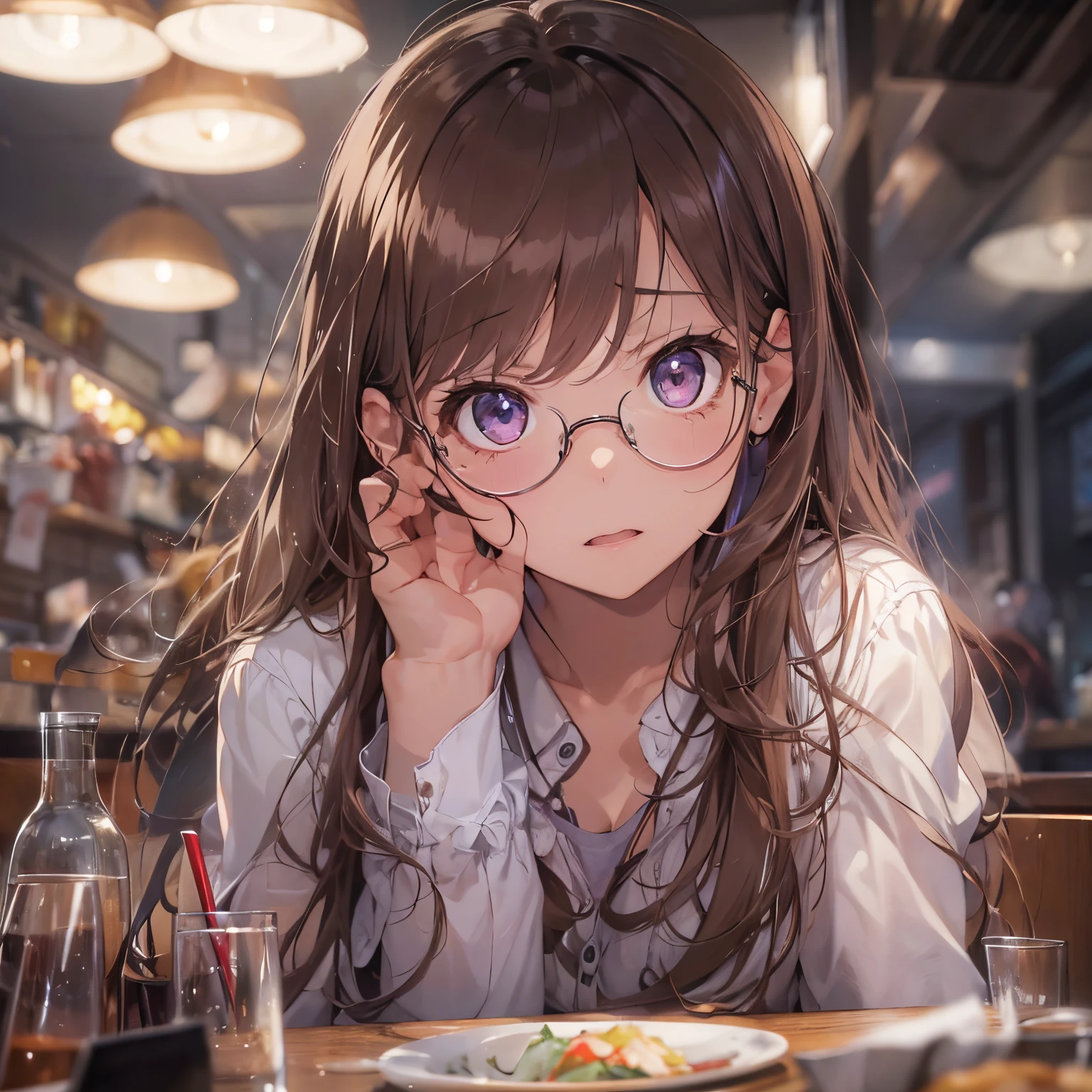 masterpiece、top-quality、(brown colored long hair、I have bangs:1.1)、25 year old woman with purple eyes、wears glasses、Wears a white shirt、sitting on、(flat breast:1.1)、(Frustrated expression:1.3)、(Staring:1.5)、(Close-up of the subject's face:1.3)、Waving at the camera、five perfect and beautiful fingers、Place the camera above the subject、The background is a restaurant at night、Bold composition、Upper body is shown、Alone、