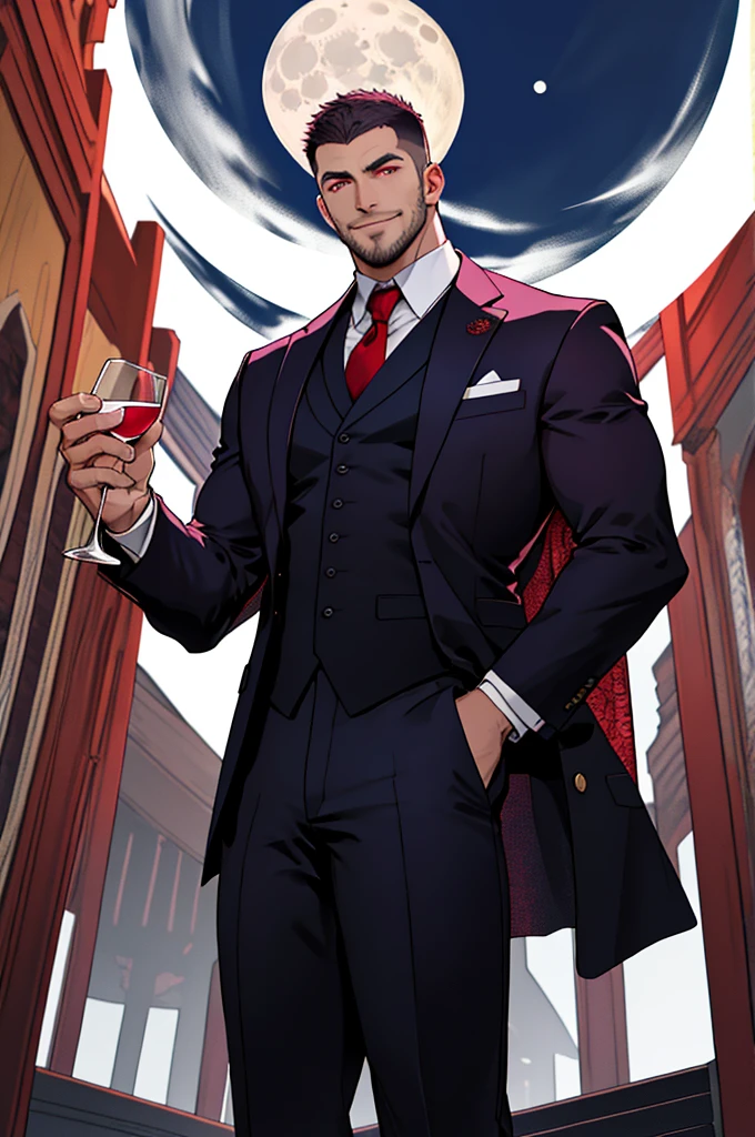 The suit fits perfectly，Handsome face，eyes with brightness，The man looks confident and determined，looking-down，Crew cut，full body，background: full moon, shooting from below，Big moon highlights background, red eyes, tall caucasian male, expression:evil smile at viewer, wearing a suit, holding a glass of wine
