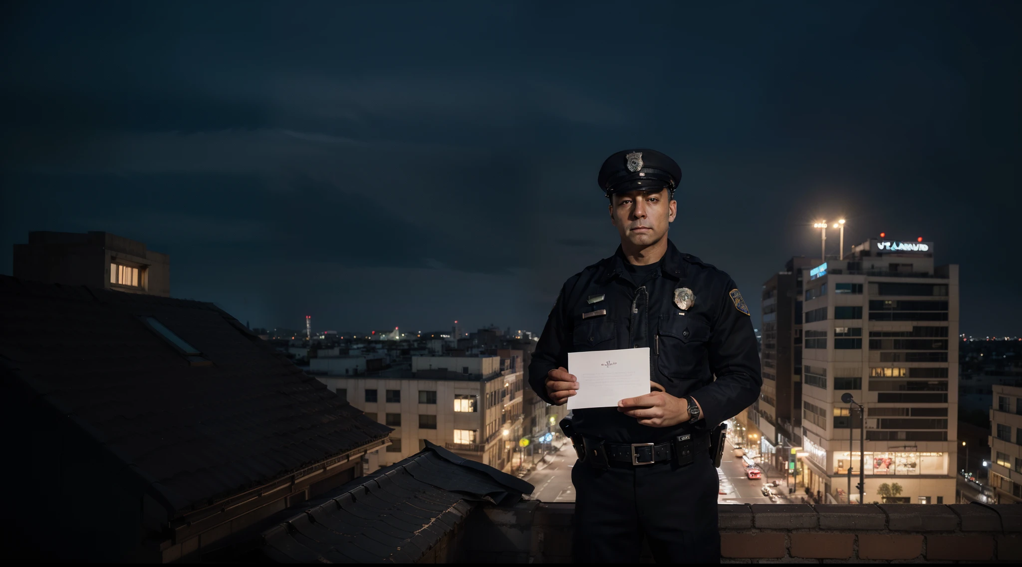 ((Midnight, Highest Quality, 8K, ​masterpiece:1.3)), s whole body, foco nítido :1.2, ((night scene)), (Higher resolution, Distinct image) Paramount, Masterpiece, highly detaild, realisitic, a photo of, (ultra-detailed background:1.2), with dramatic lighting, A police officer is holding a piece of paper and looking at it, A4 paper, daoshi, neon sign, building, building rooftop, police officer standing on the rooftop