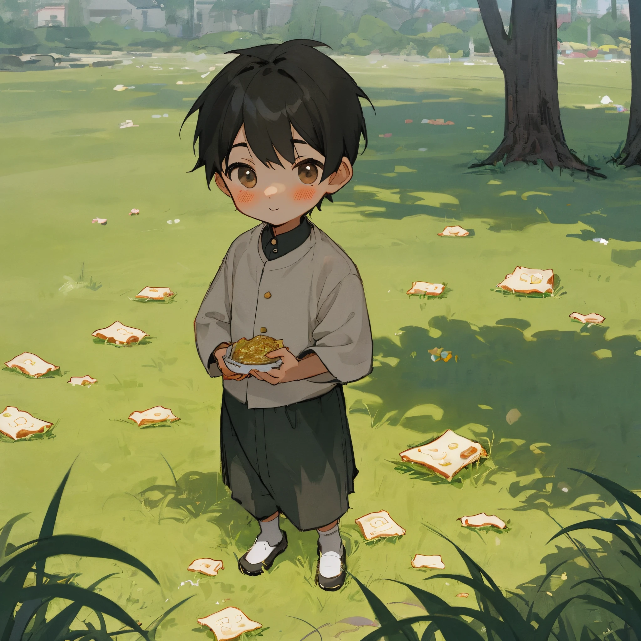 Dried tofu turns into a cute ,standing on the grass,Q version