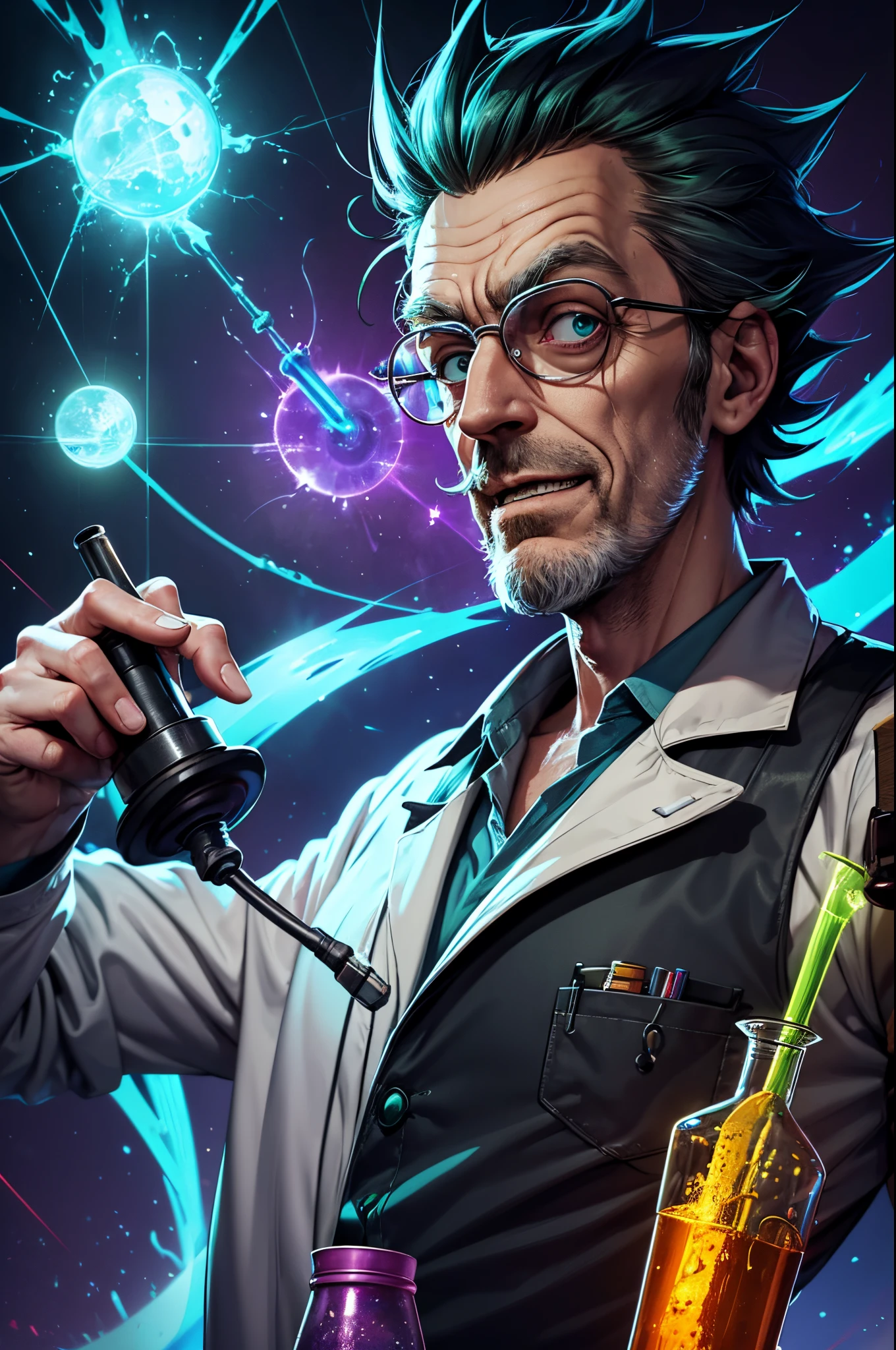 (best quality,highres:1.2),ultra-detailed,portrait,Rick and Morty character,Hugh Laurie as Rick Sanchez,blue spiked hair,hair sticking out in different directions,beard stubble,scientist lab coat,genius expression,glasses shining,intelligent eyes,mischievous smile,raised eyebrow,dark background,colorful portal,glowing green flask,books and scientific equipment,interdimensional adventure,quirky and eccentric personality,chaotic energy,sci-fi elements,animated style,vibrant colors,dynamic lighting.
