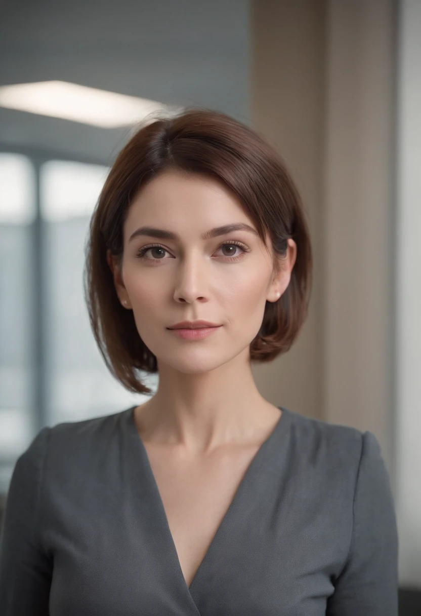 (full body), (standing), a 40 year old woman looking into the camera, short bob cut hair, detailed beautiful face, action shot, empty office background, daytime, photo realistic, CG, art station, masterpiece, HD photography