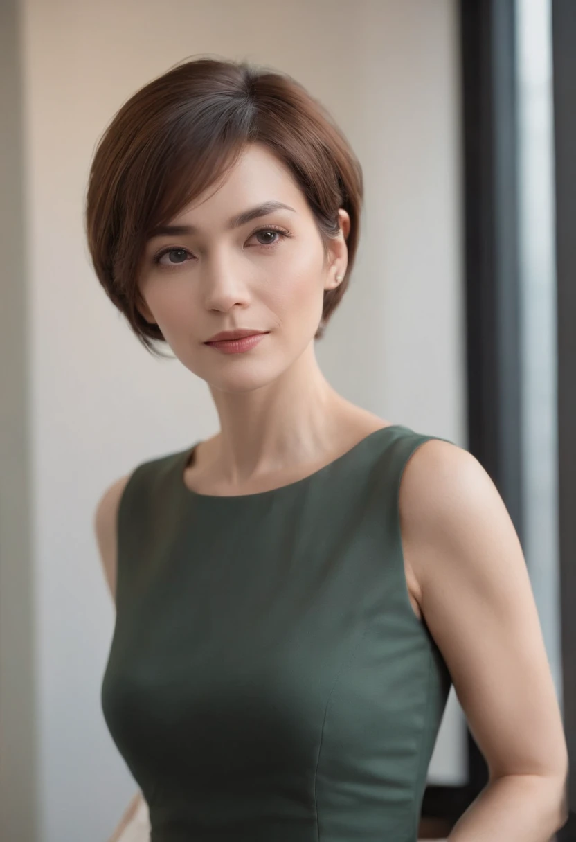(full body), (standing), a 40 year old woman looking into the camera, short bob cut hair, detailed beautiful face, action shot, empty office background, daytime, photo realistic, CG, art station, masterpiece, HD photography