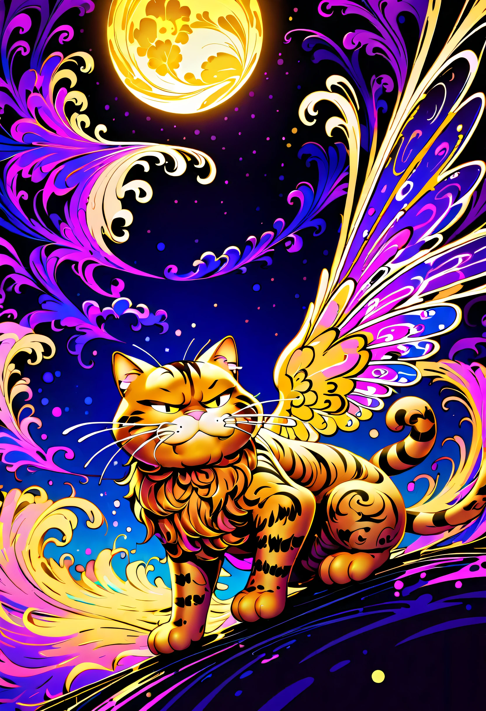 (((gel_ink_painting added black-light_paint Garfield_illustration:1.3))), spread your wings and dance Garfield, burns forever, dyed in gold, melt into darkness, sandstorm, spin the reincarnation roulette, soaring sparkles intersect, divine beast that transcends thousands of times. morning and night, digital illustration, intricate details, tonal contrast, beautiful detail glow, extremely insane details, burns forever, dyed in gold, melt into darkness, sandstorm, spin the reincarnation roulette, soaring sparkles intersect, divine beast that transcends thousands of times. morning and night, digital illustration, intricate details, tonal contrast, beautiful detail glow, extremely insane details,