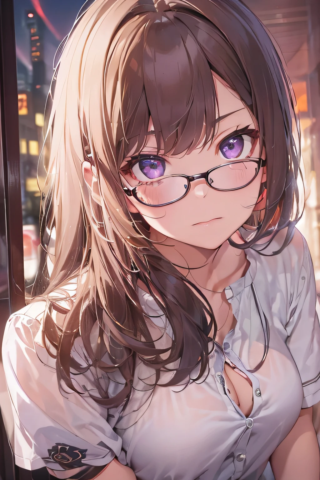 masterpiece、top-quality、(brown colored long hair、I have bangs:1.1)、25 year old woman with purple eyes、wears glasses、Wears a white shirt、sitting on、(Her shirt is off and her cleavage is visible.:1.1)、(sullen look:1.3)、(Staring:1.5)、(Close-up of the subject's face:1.3)、five perfect and beautiful fingers、Place the camera above the subject、The background is a restaurant at night、Bold composition、Upper body is shown、Alone、