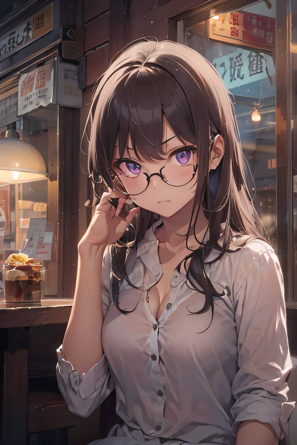 masterpiece、top-quality、(brown colored long hair、I have bangs:1.1)、25 year old woman with purple eyes、wears glasses、Wears a white shirt、sitting on、(Her shirt is off and her cleavage is visible.:1.1)、(sullen look:1.3)、(Staring:1.5)、(Close-up of the subject's face:1.3)、five perfect and beautiful fingers、Place the camera above the subject、The background is a restaurant at night、Bold composition、Upper body is shown、Alone、