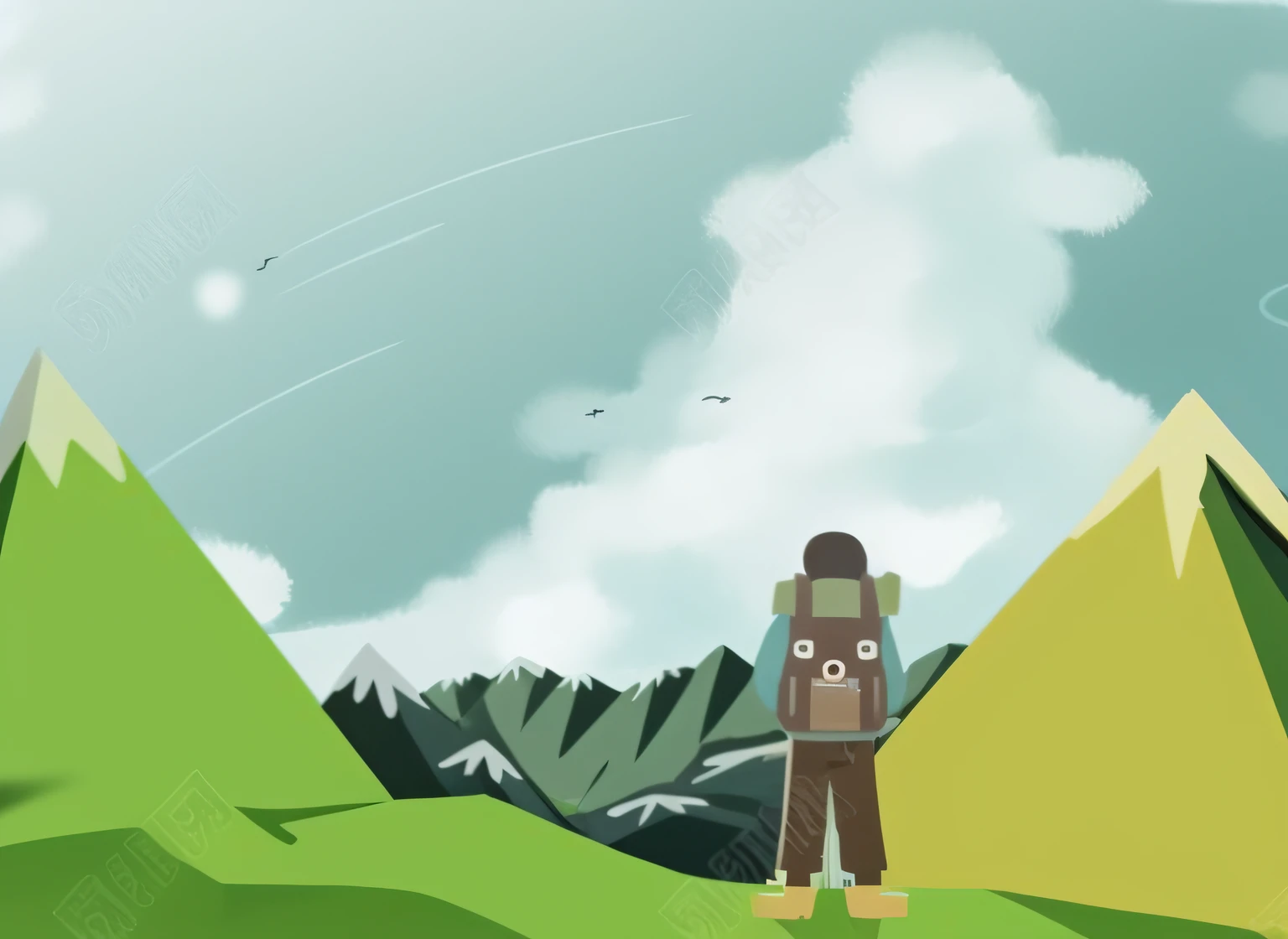Cartoon illustration of a man standing in a field with a backpack, mountaineous background, Look at the mountains, flat 2 d vector art, Landscape view, mountain background, a wanderer in the mountains, 2D illustration, 2D illustration, mountainous background, mountain background, 2d matte illustration, Crossing mountains and ridges, detailed 2d illustration