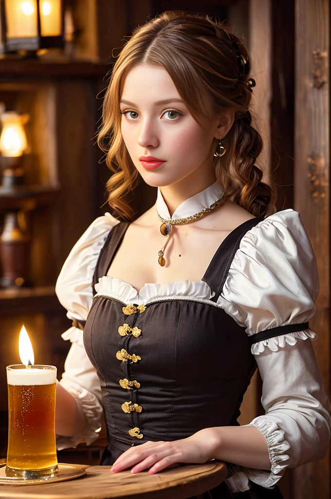 Sixteenth Century Servant Girl, , Serving Maid in a Tavern Warm and rustic tones Practical and sturdy fabrics for working Busy and bustling posture Medium height with a friendly demeanor Tavern wench attire, carrying tankards and trays Warm candlelight in a lively tavern Tavern with wooden tables and patrons enjoying ale Mid-serving drinks to patrons Represents a tavern atmosphere, Canon EOS 5D Mark IV with 50mm f/1.8 lens Natural light during golden hour full-body shot with a blurred background, capturing the uniform's details Enhanced color saturation and subtle vignette in post-processing, Effortless Beauty: Natural and neutral tones for a timeless appeal; Subtle contouring for a sculpted face; Soft, rosy blush for a healthy flush; Classic red lips for a touch of glamour; Natural-looking brows.
