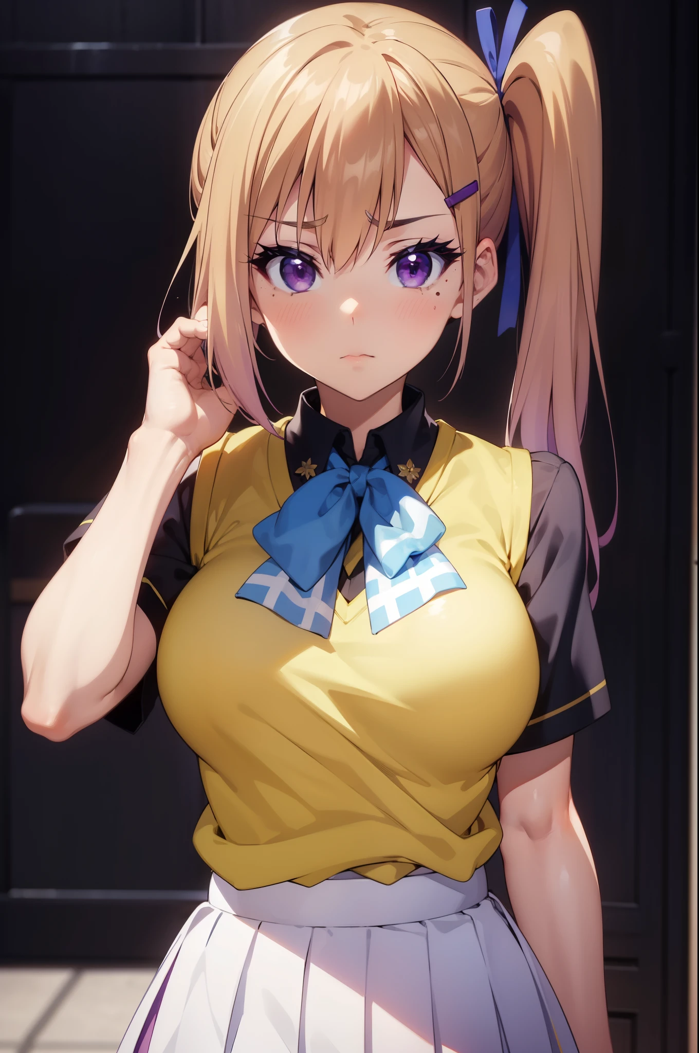 (masterpiece), 8k ultra hd , high quality, best quality, expressive eyes & face, cute sulking, perfect face, perfect body, perfect body beautiful, 8k ultra hd , high quality, hair clip, shining hair, wearing tights , pink skirt , navy blue shirt,tug in shirt,perfect eye & eyebrow, kawakami_mai, long hair, large breasts, blonde hair, purple eyes, hair ribbon, ribbon, side ponytail, mole under eye, school uniform, sweater vest,