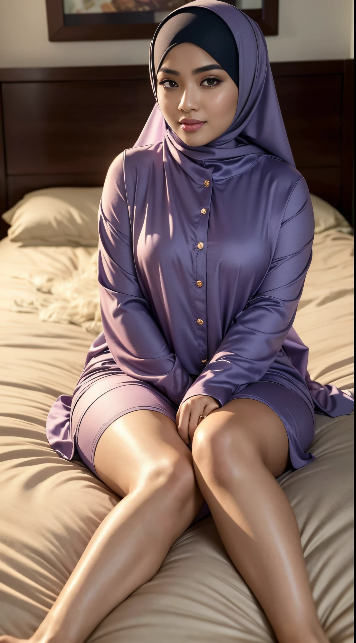 RAW, Best quality, high resolution, masterpiece: 1.3), beautiful Malay woman in hijab (iu:0.8),(Best quality, 8k, masterpiece: 1.3), with perfect figure: 1.2, Malay woman in hijab wearing sexy pajamas is sitting on the spot sleeping, lying on the bed, detailed photos, professional photos with professional lighting, gentle smile, bedroom, sexy seductive pose, curvy