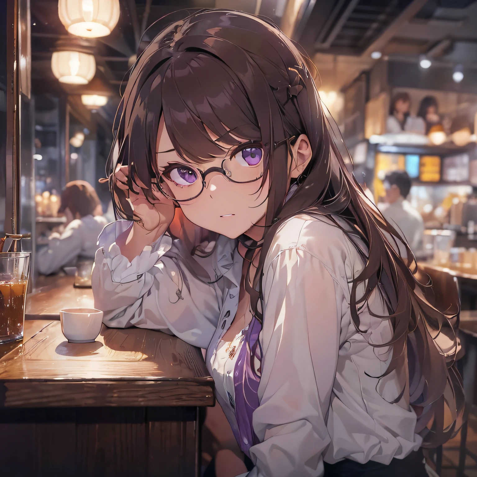 ​masterpiece、top-quality、(brown colored long hair、I have bangs:1.1)、25 year old woman with purple eyes、wears glasses、Wears a white shirt、sitting on、(Her shirt is off and her cleavage is visible.:1.1)、(sullen look:1.3)、(Staring:1.5)、(Close-up of the subject's face:1.3)、five perfect and beautiful fingers、Place the camera above the subject、The background is a restaurant at night、Bold composition、Upper body is shown、Alone、
