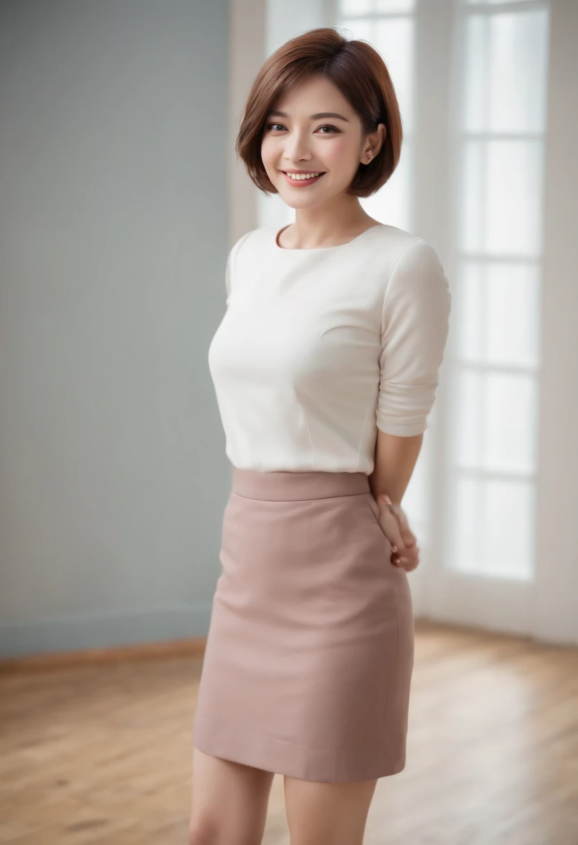 (full body), (standing), a 40 year old woman looking into the camera, short bob cut hair, laughing, detailed beautiful face, action shot, empty office background, wearing a mini skirt, daytime, photo realistic, CG, art station, masterpiece, HD photography