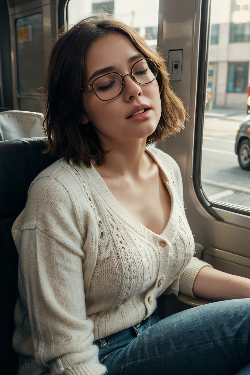 1 beautiful woman, young, sleeping with mouth open, eyes closed, brown hair, short hair, sleeping sitting on the bus, jeans, white sweater, blue vest, lined eyes, very intense makeup, drooling, snoring, fainted, head on bus window, sitting by the window, rose-colored glasses, mouth wide open