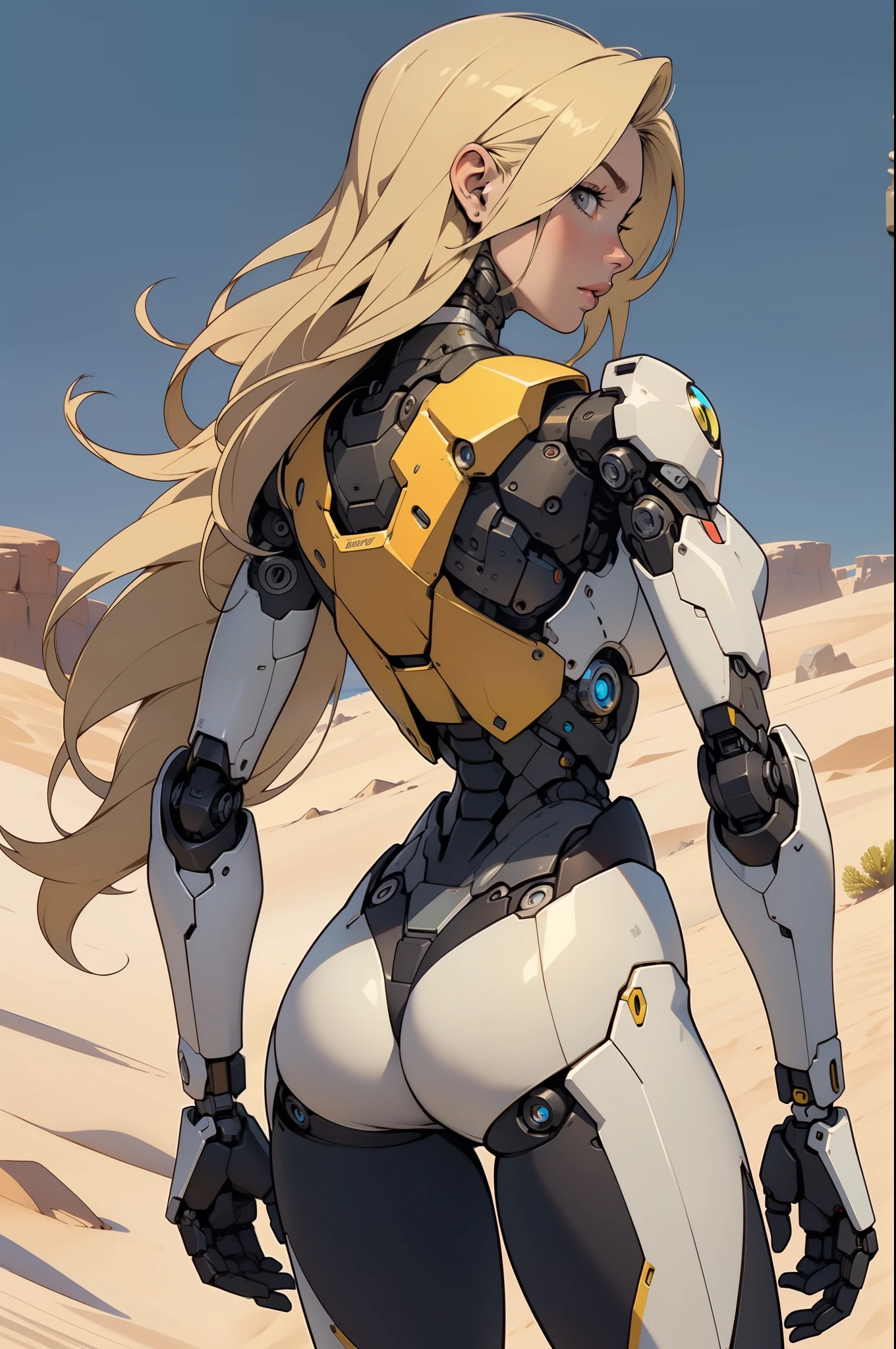 high quality, 4k, masterpiece, beautiful, cyborg girl, cowboy shot, dull eyes, back side, turning around to look at viewer, long blonde hair, girl, small breasts, fit thigh, robotic arms, robotic body, cyborg body, yellow accent, red accent, intricate detail, joint, detailed lines, robotic detail, 1fist on hip, color robotic parts, robotic parts with color, perfect fingers, on a desert planet, sunny background, colorful desert,