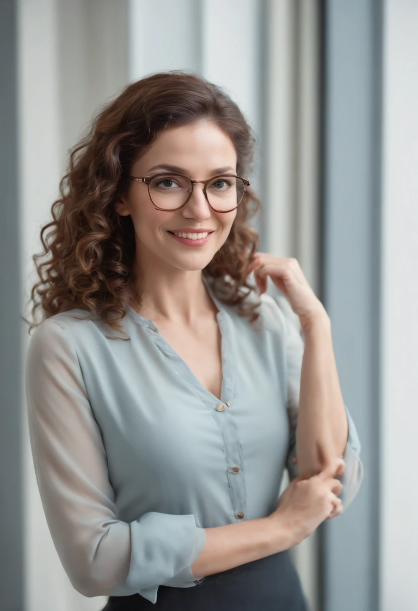(full body), (standing), a 40 year old woman looking into the camera, extra long curly hair, detailed beautiful face, laughing, action shot, glasses, empty office background, daytime, photo realistic, CG, art station, masterpiece, HD photography