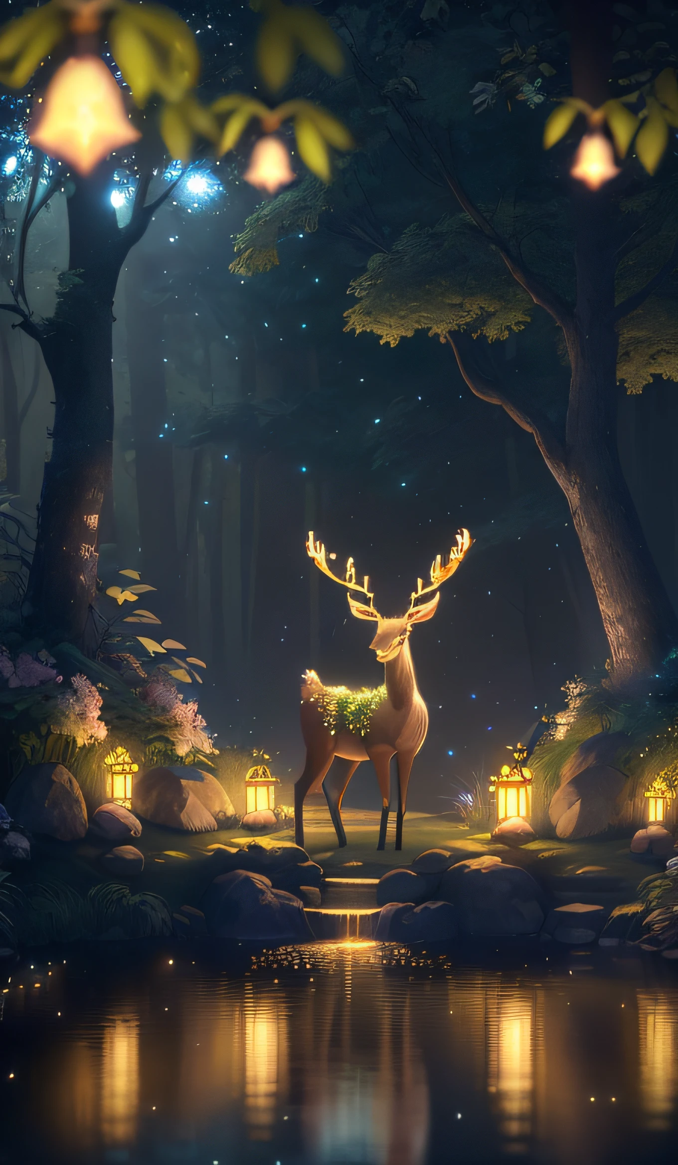 Masterpiece, best quality, (very detailed CG unity 8k wallpaper), (best quality), (best illustration), (best shadows), glow sprite, with a glowing deer, in the swimming pool Drinking water, natural elements in the forest theme. Mysterious forest, beautiful forest, nature, surrounded by flowers, delicate leaves and branches surrounded by fireflies (natural elements), (jungle theme), (leaves), (twigs), (fireflies), (particle effects) etc. 3D , Octane rendering, ray tracing, super detailed