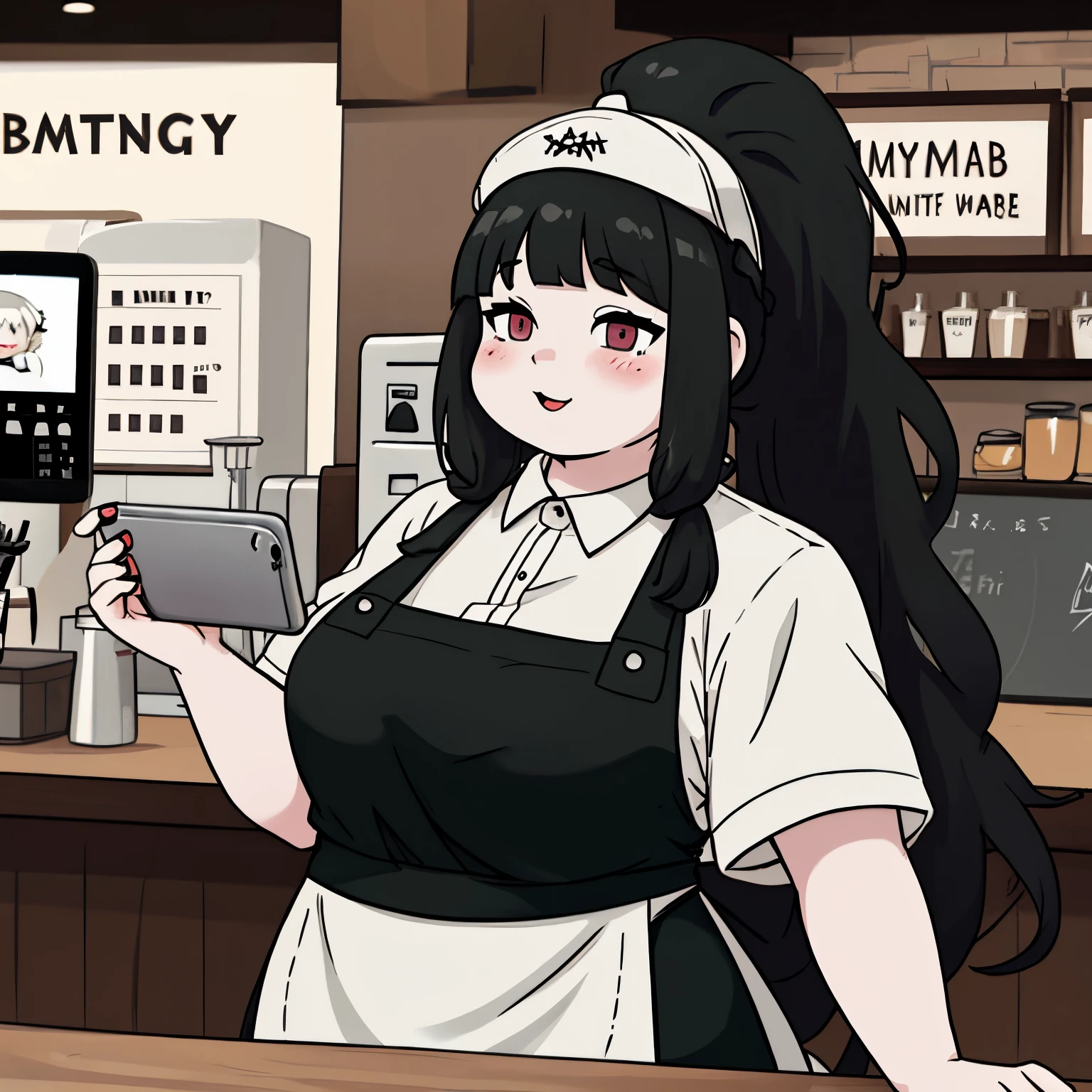 chubby, long hair, plus size, adult, pale skin, phone screen, hair in ponytail, barista, barista hat, barista apron, cute, taking goth males order,