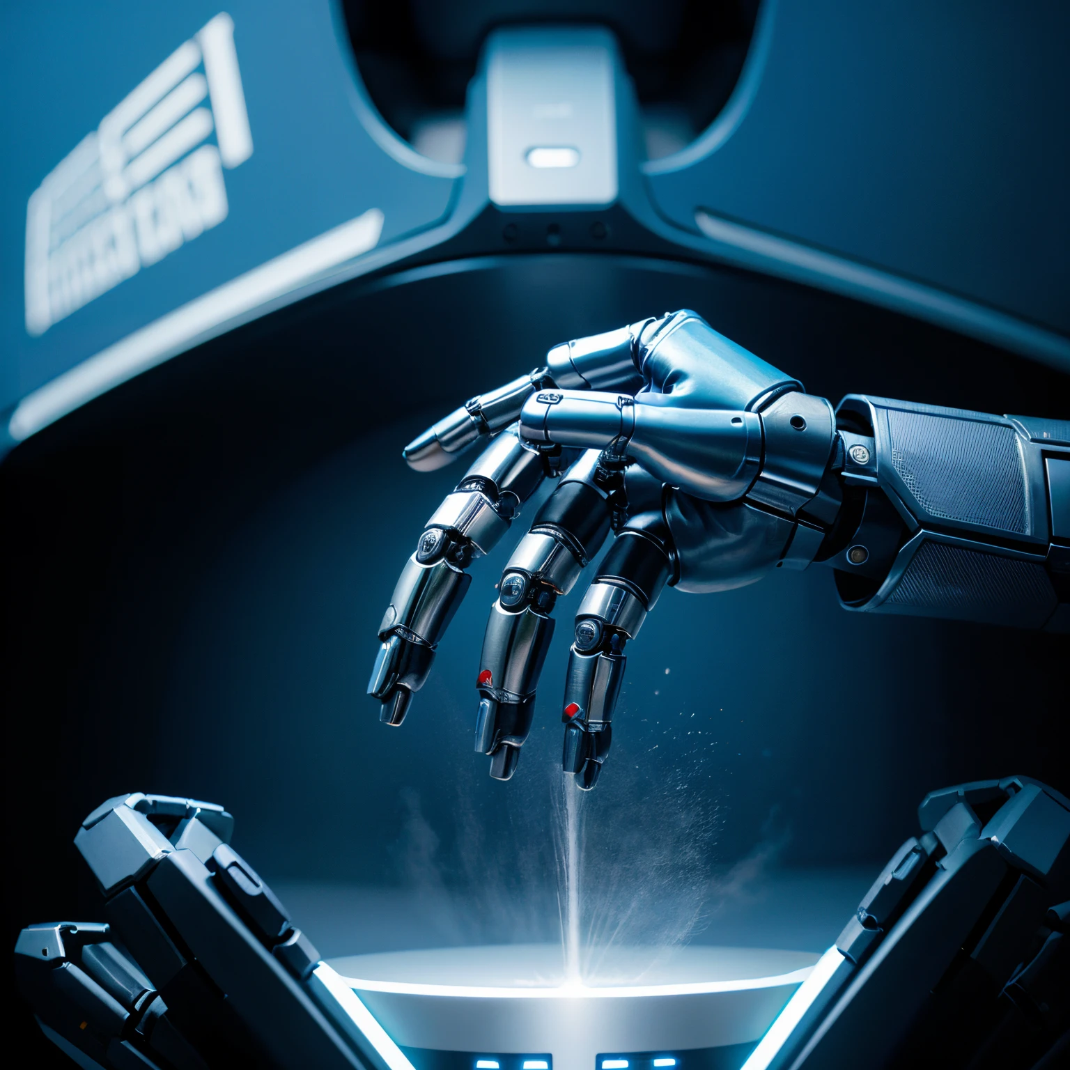 Human hand touching a futuristic robot hand. Tema de cor azul. Just the hands. Touch causes explosion on a scientific and universal level.
