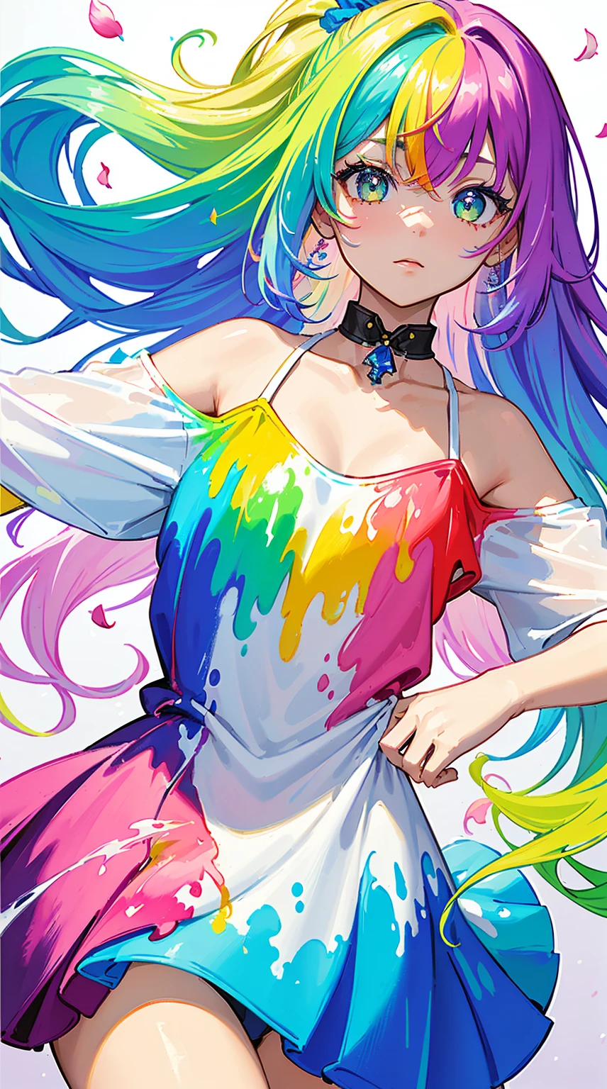 （Pink Fashion T-shirt：1.9），(Colorful hair: 1.8), (all the colours of the rainbow: 1.8),(((((vertical painting：1.6))), （painting：1.6），front, comics, Loli, chibi style,  girl, sad expression, colourful dress, illustrations, paintings, large eyes, crystal clear eyes,（ rainbow color gradient high ponytail：1.7）, exquisite makeup, closed mouth,(Small Fresh: 1.5),(Wipe Chest: 1.6) ，long eyelashes, white off shoulder T-shirt,  White Shoulder Shirt，looking at the audience, large watery eyes, (rainbow colored hair：1.6), color splash, （solo：1.8）, color splash, color explosion, thick paint style, messy lines, ((shining))，(colorful), (colorful), (colorful), colorful, Thick Paint Style, (Splash) (Color Splash), Vertical Painting, Upper Body, Paint Splash, Acrylic Pigment, Gradient, Paint, Highest Image Quality, Highest Quality, Masterpiece, Solo, Depth of Field, Face Paint,  colorful clothes, (Elegant: 1.2), gorgeous,long hair, wind, (Elegant: 1.3), (Petals: 1.4)，(((masterpiece))),(((best quality))),((ultra-detailed)),(illustration),(dynamic angle),((floating)),(paint),((disheveled hair)),(solo),(1girl) , (((detailed anima face))),((beautiful detailed face)),collar,bare shoulders,white hair, ((colorful hair)),((streaked hair)),beautiful detailed eyes,(Gradient color eyes),(((colorful eyes))),(((colorful background))),(((high saturation))),(((surrounded by colorful splashes))),