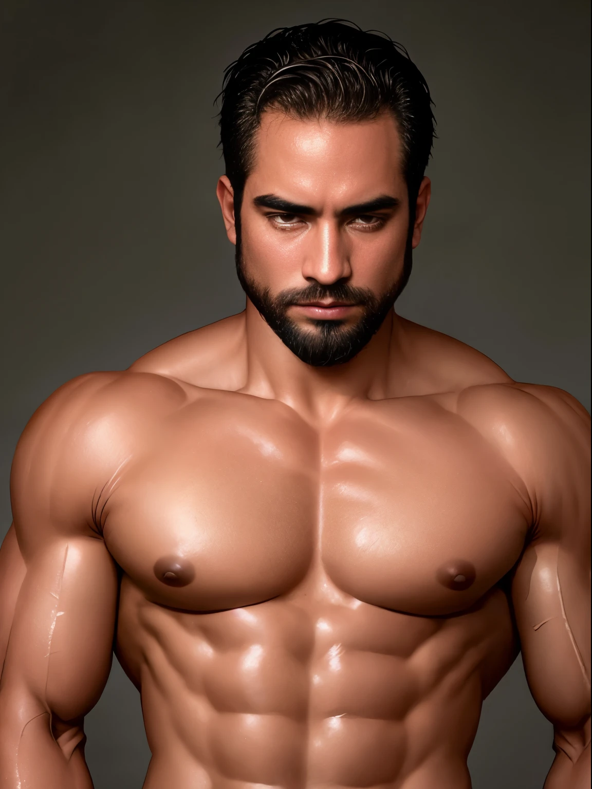 nude man, beautiful detailed muscles, shiny skin, dramatic lighting, intense facial expression, strong body, dynamic pose, realistic style, vibrant colors, high contrast, professional photography