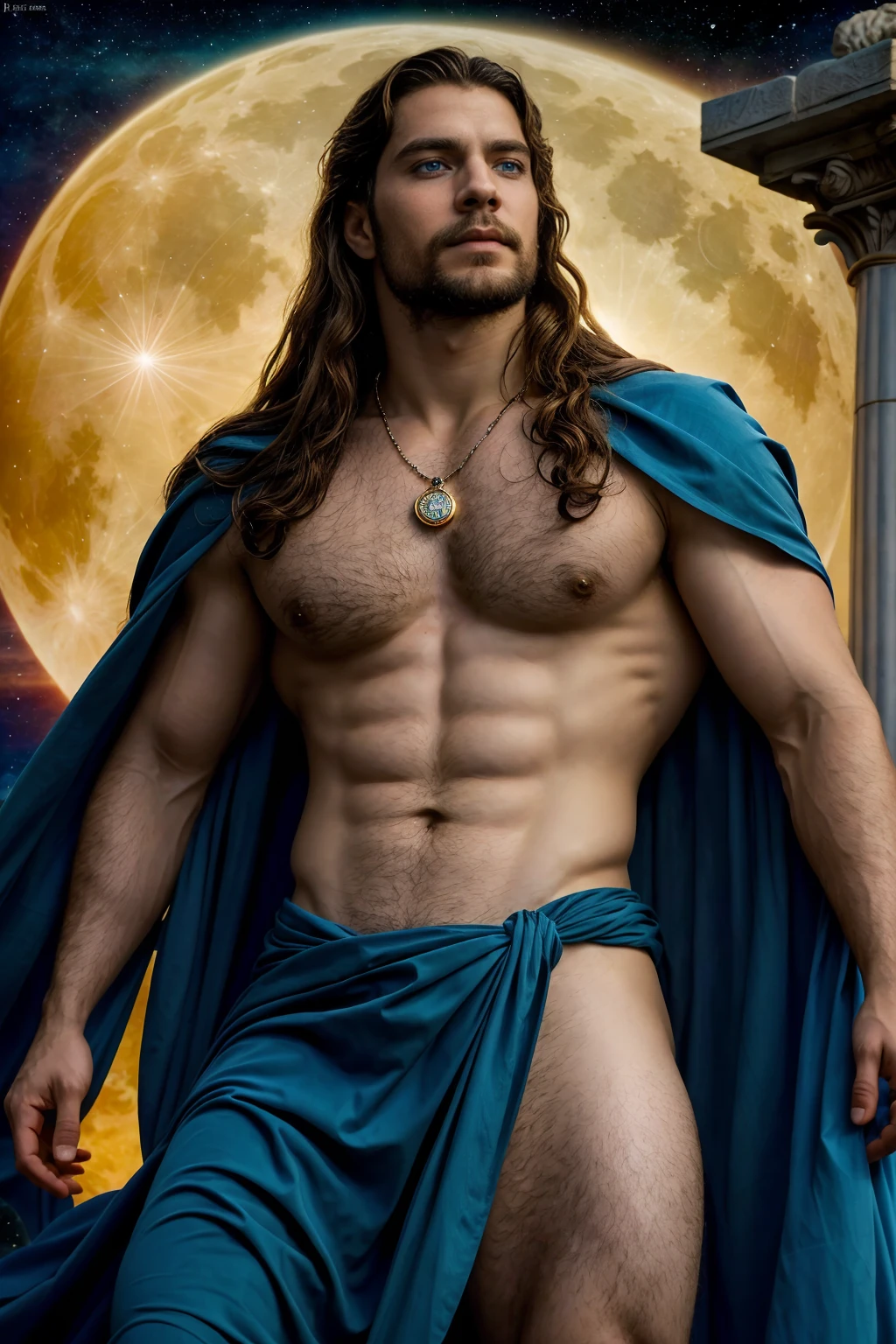 (( Man )), with a necklace ,((blue eyes)), ((Long Hair)), wearing a Greek toga, muscular male hero, attractive, half shot of a hunky, Handsome prince, heroic male pose, sexy male, Handsome male, muscular male, no shirt :: very high detail, handsome stunning realistic, ((in the background Antares Station,)), 35mm lens launch, God of the Sea, God of the Ocean, Luthien, art of god, God of Greek mythology, God of the Moon, God of love and peace, beautiful god, Mythology of the God of the Earth, the god Eros, A stunning portrait of a god, Frank Kelly Freas, Karol Bak style, ((gorgeous face)), Ultra Definition, Best Quality, 32k Ultra, Ultra HD, Higher Contrast, Warm and Vibrant Colors, Inprirado in French Victoria, Gothic Beauty