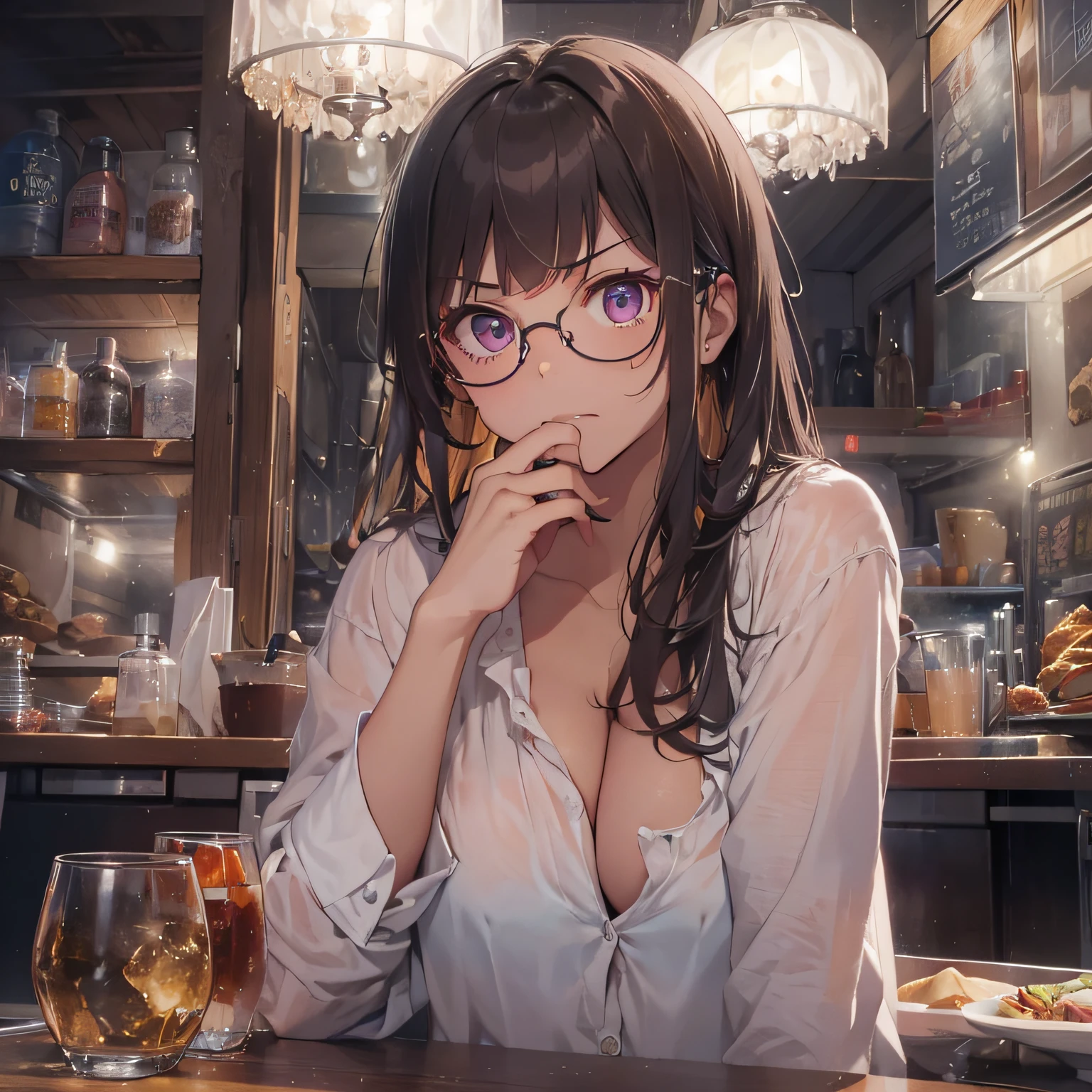 masterpiece、top-quality、(brown colored long hair、I have bangs:1.1)、25 year old woman with purple eyes、wears glasses、Wears a white shirt、sitting on、(Her shirt is off and her cleavage is visible.:1.1)、(sullen look:1.3)、(Staring:1.5)、(Close-up of the subject's face:1.3)、five perfect and beautiful fingers、Place the camera above the subject、The background is a restaurant at night、Bold composition、Upper body is shown、Alone、