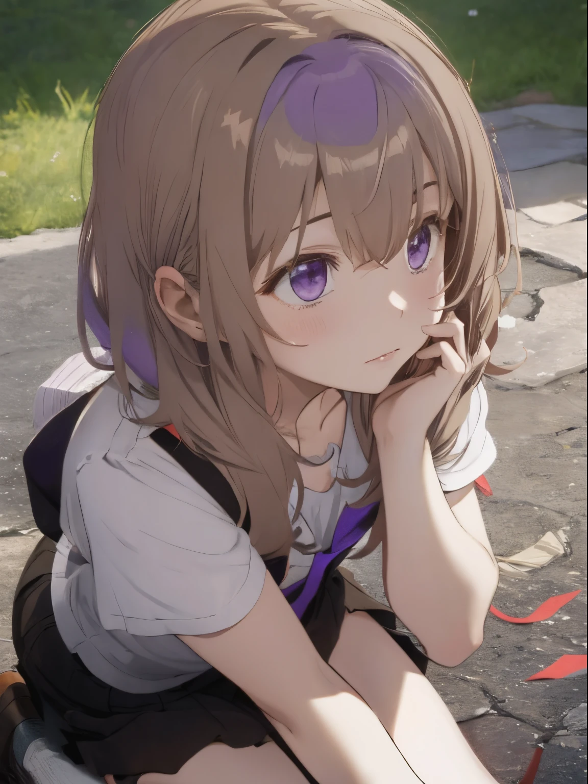 fluffy hair,Mixed hair of light brown and light purple,He kneels on the ground and apologizes.