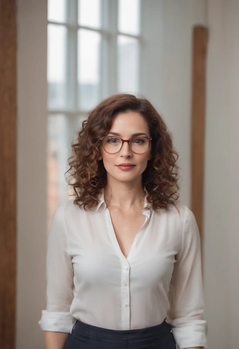 (full body), (standing), a 40 year old woman looking into the camera, extra long curly hair, detailed beautiful face, slightly smiling, action shot, glasses, empty office background, daytime, photo realistic, CG, art station, masterpiece, HD photography