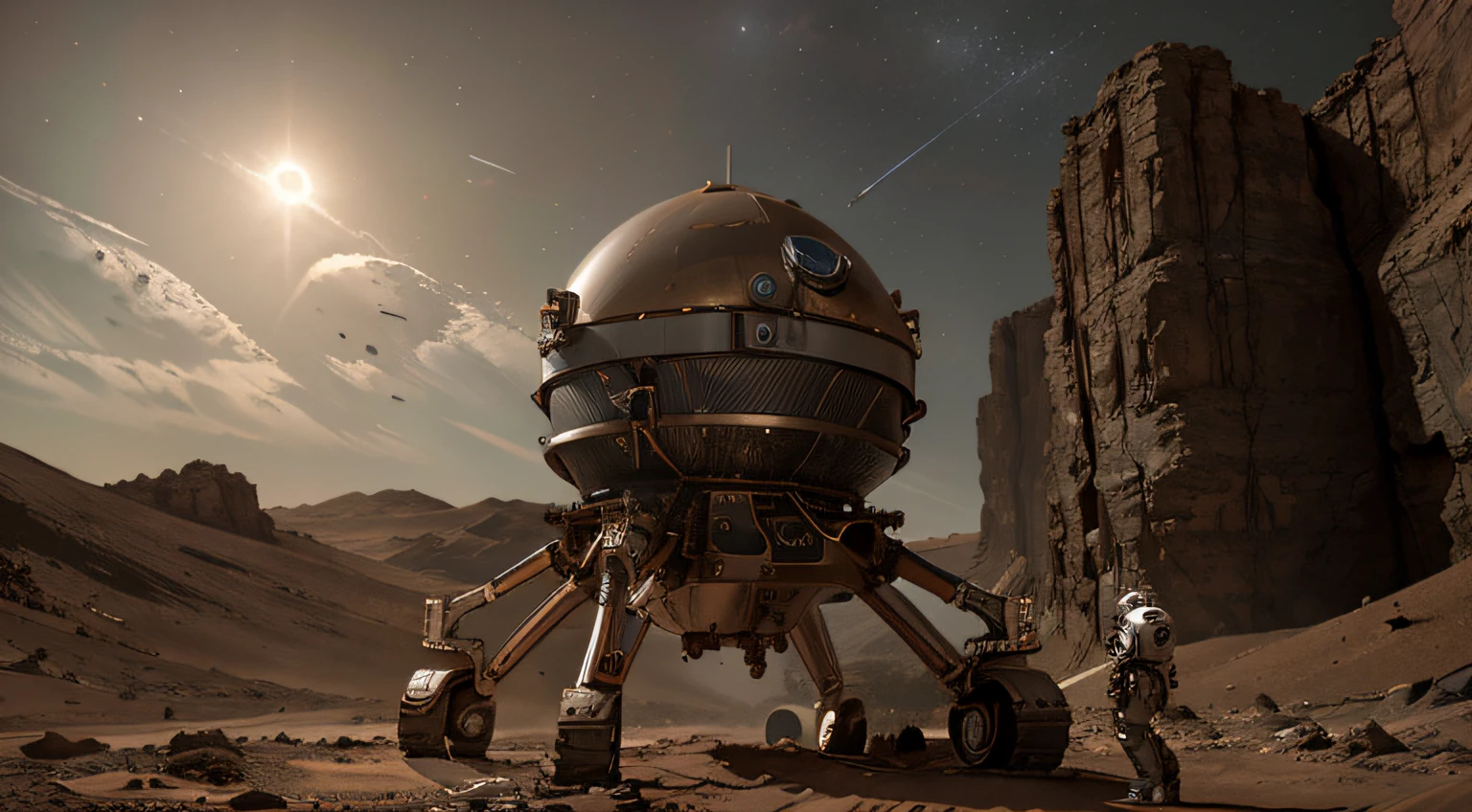 On Mars,5 large-scale cutting-edge robotic arms at work。Metallic glossy texture,Staff distributed on Mars ground。droid、starrysky、Exploration vehicle details、super wide shot、Overlooking,High realism、lightand shade contrast