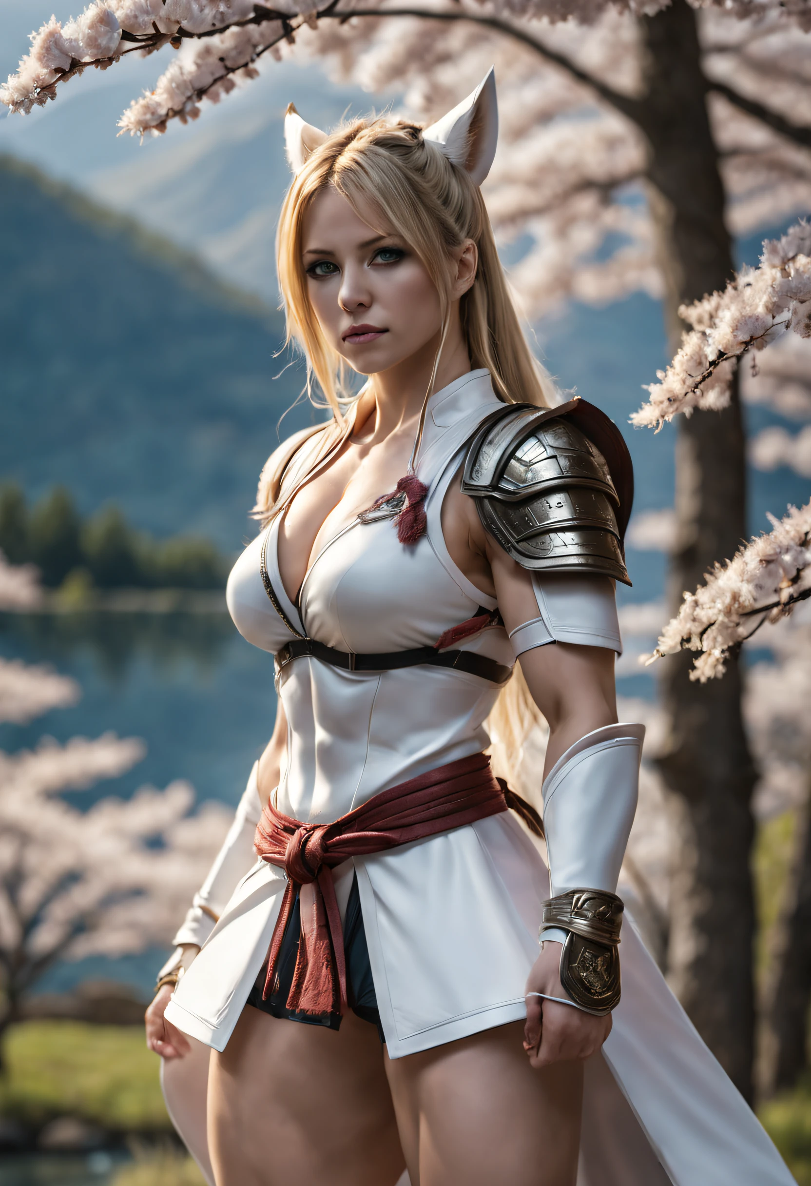 ultrarealistic, (1girl), full body pose, very muscular Avril Lavigne has wolf ears and wolf tail as she is standing alone near a lake in a beautiful morning (dressed in a white samurai armor:1.3) (alone:1.3), (F-cup breasts:1.2) and muscular legs and (round glutes:1.2), rippling muscles, (bodybuilder physique:1.3), perfect face, uberfit, muscular, 8k uhd, dslr, sharp lighting, high quality, ultra wide shot,  film grain, Fujifilm XT3