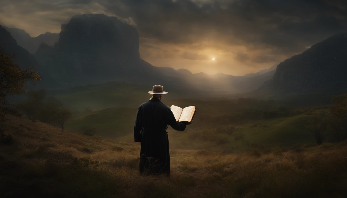 (Biblical times) AO (On the left side of the screen is an old man，Holding a glowing book in his hand，facing to audience，muttering) AO (There is a scary demon on the right side of the image) (Biblical times) depth of fields, bokeh, hentail realism, フォトリアリスティック, ultra-realistic realism, professional photoshooting, 8k ultra high definition , SLR camera, HighDynamicRange , The work of the master, Better quality, granular film, photorealistic paintings, 富士XT3