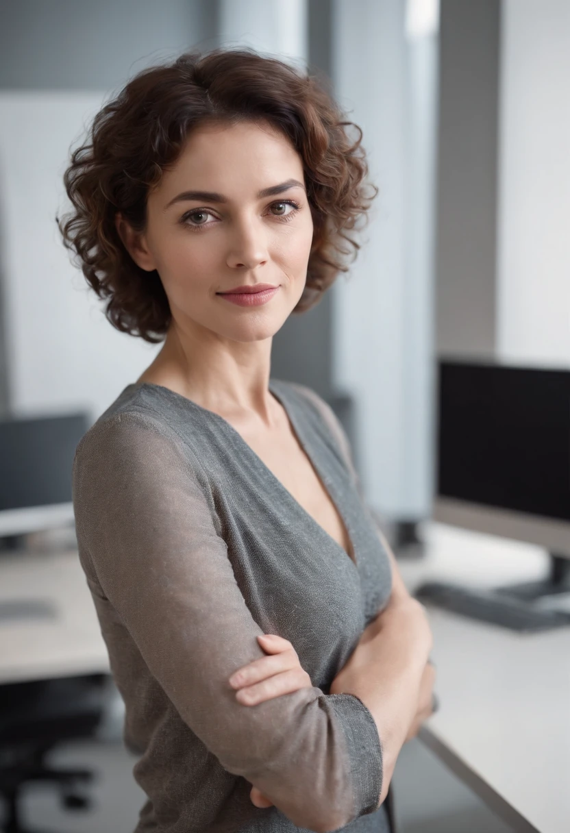 (full body), (standing), a 40 year old woman looking into the camera, short curly hair, detailed beautiful face, slightly smiling, action shot, glasses, empty office background, daytime, photo realistic, CG, art station, masterpiece, HD photography