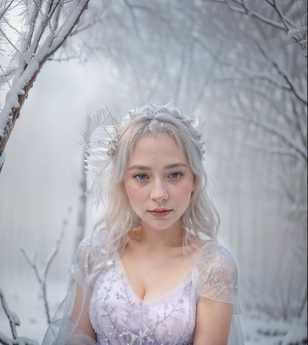 (best quality,4k,8k,highres,masterpiece:1.2),ultra-detailed,(realistic,photorealistic,photo-realistic:1.37),fantasy,portrait,snow queen,winter landscape,frozen forest,beautiful detailed eyes,beautiful detailed lips,extremely detailed eyes and face,long eyelashes,icy blue eyes,snowflake crown,sparkling snow,ethereal beauty,glistening snow-covered trees,faint sunlight piercing through the trees,magical atmosphere,cold,serene,lonely,royal elegance,soft winter colors,delicate beauty,graceful pose,ice crystals forming on the queen's dress,subtle shades of white and blue,soft snowfall,queen's flowing gown,enchanted forest,subtle hint of mystery,hint of frost in the air,frozen tears of joy,whisper of winter's song.