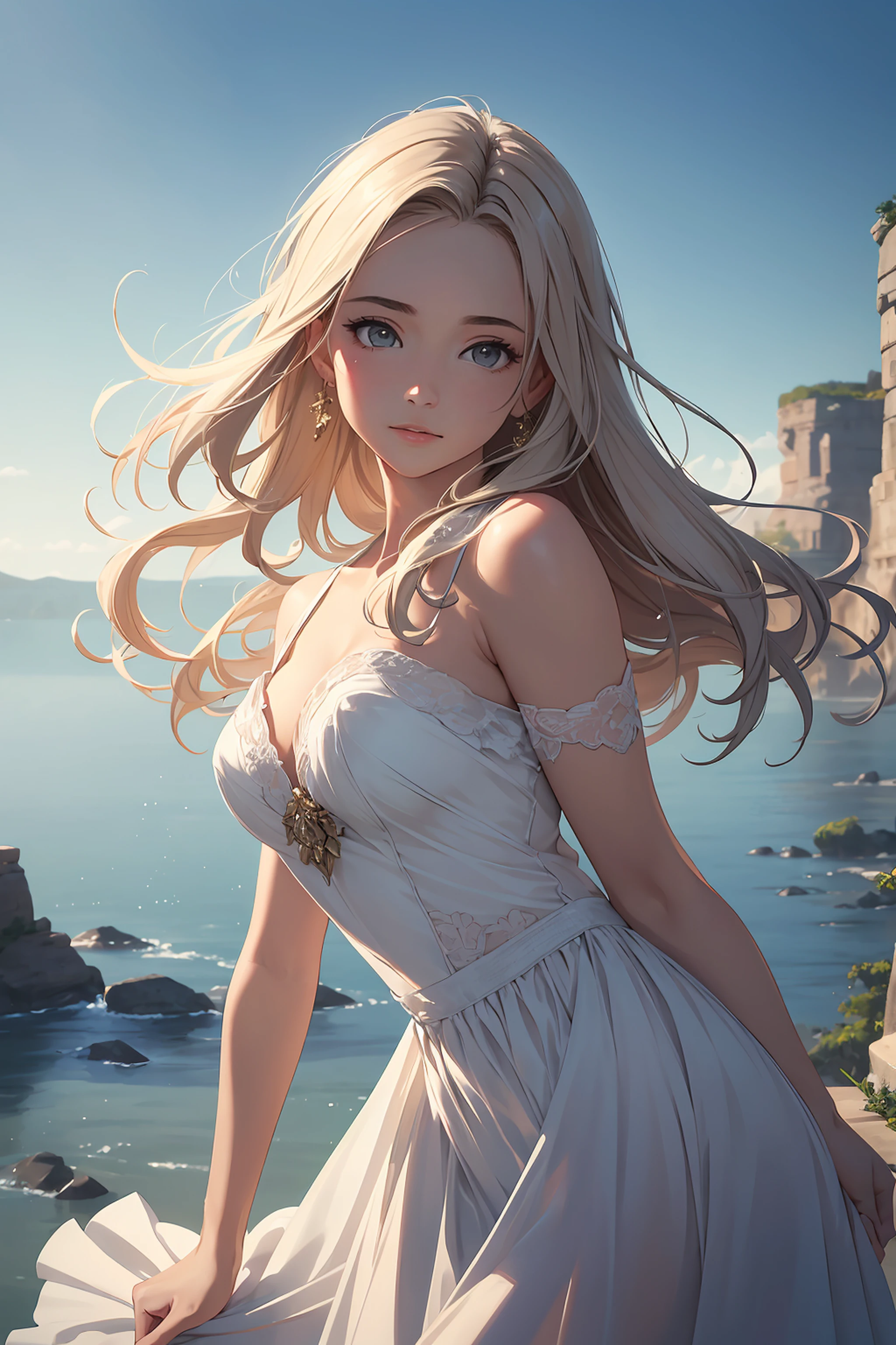 (Best Quality: 1.3), 8k, (Masterpiece: 1.3), Ultra High Definition, One Girl, Lilac Eyes, Shining Eyes, (White Hair: 1.5), (Yellow Prom Dress: 1.5), Empire Dress, (Full Body: 1.4), Cute Face, Lovely Face, Medium Length Hair, Smile, (Grand Canyon: 1.5), Looking into the Camera, 22 years old,