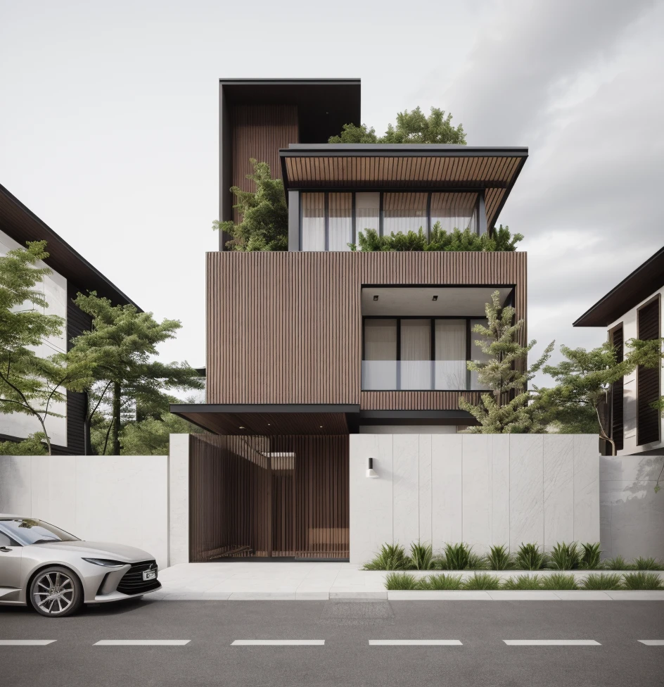 a view of a modern home with a large front yard, main material by glossy white wall and black stone and wood,  1 road runs in front of the house,  (RAW photo, real, best quality, masterpiece:1.2), look morden minimalist, 1 road in front of the house, shime ring light, light brighteness from indoor:1.2, dynamic lighting:1.3, (hyper realistic, photo-realistic:1.2), high quality, day lighht, hight contrast :0.5 perfect lighting, archdaily,  award winning contemporary, contemporary masterpiece, well-designed masterpiece, large modern residence, neotraditional modern, wide angle exterior 2022, midcentury modern, contemporary house, hip modern vibe, a long-shot from front, award winning modern design, stunning lines, residential, subtle detailing