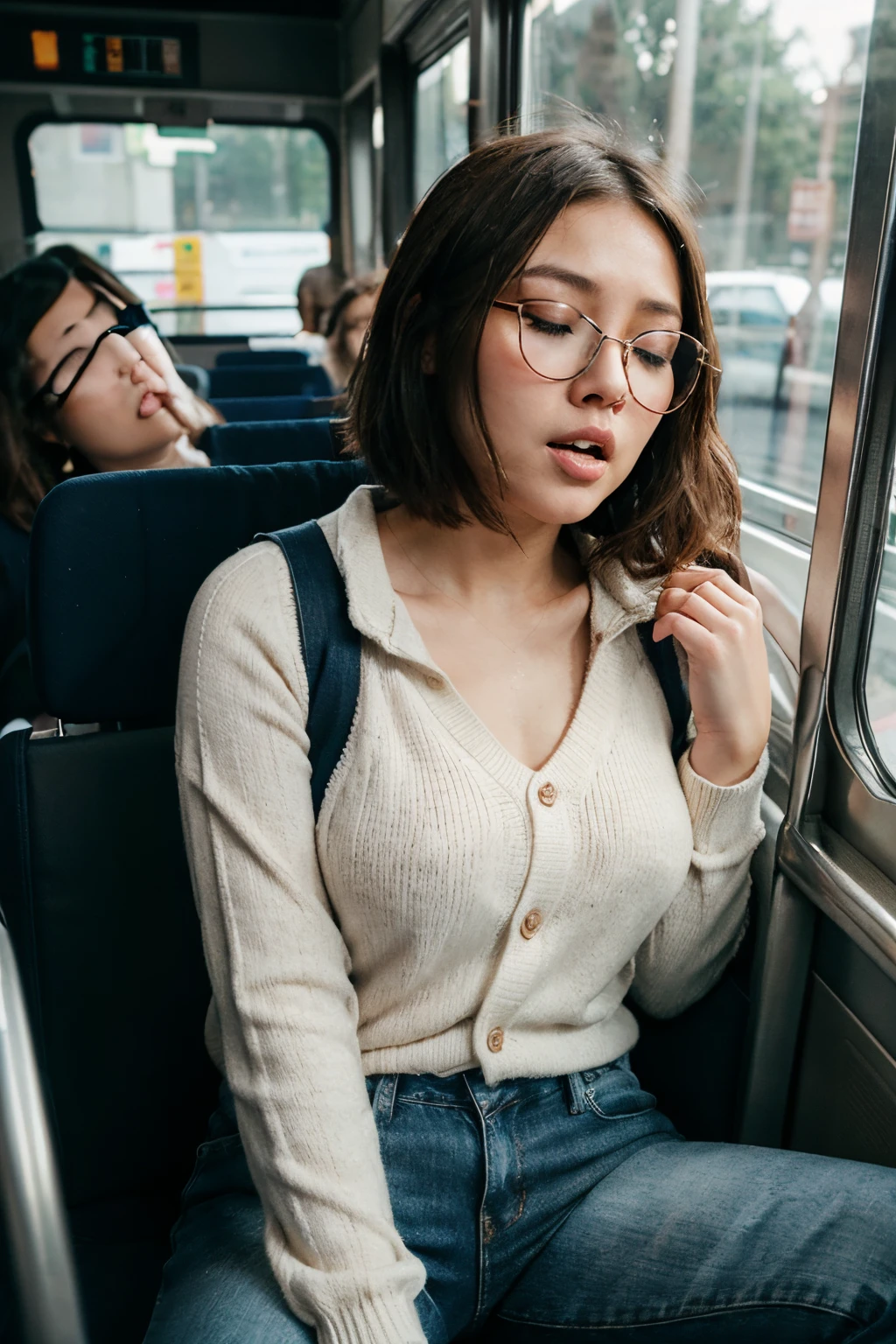 1 beautiful woman, young, sleeping with mouth open, eyes closed, brown hair, short hair, sleeping sitting on the bus, jeans, white sweater, blue vest, lined eyes, very intense makeup, drooling, snoring, fainted, head on the bus window, sitting by the window, pink glasses, mouth wide open, asian woman