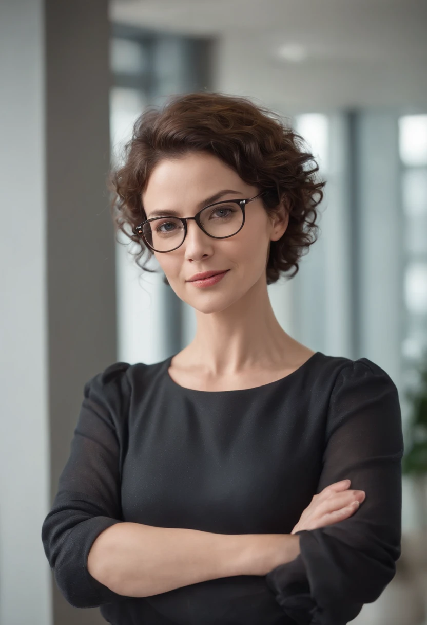 (full body), (standing), a 40 year old woman looking into the camera, short curly hair, detailed beautiful face, slightly smiling, black buttoned blouse, action shot, glasses, empty office background, daytime, photo realistic, CG, art station, masterpiece, HD photography